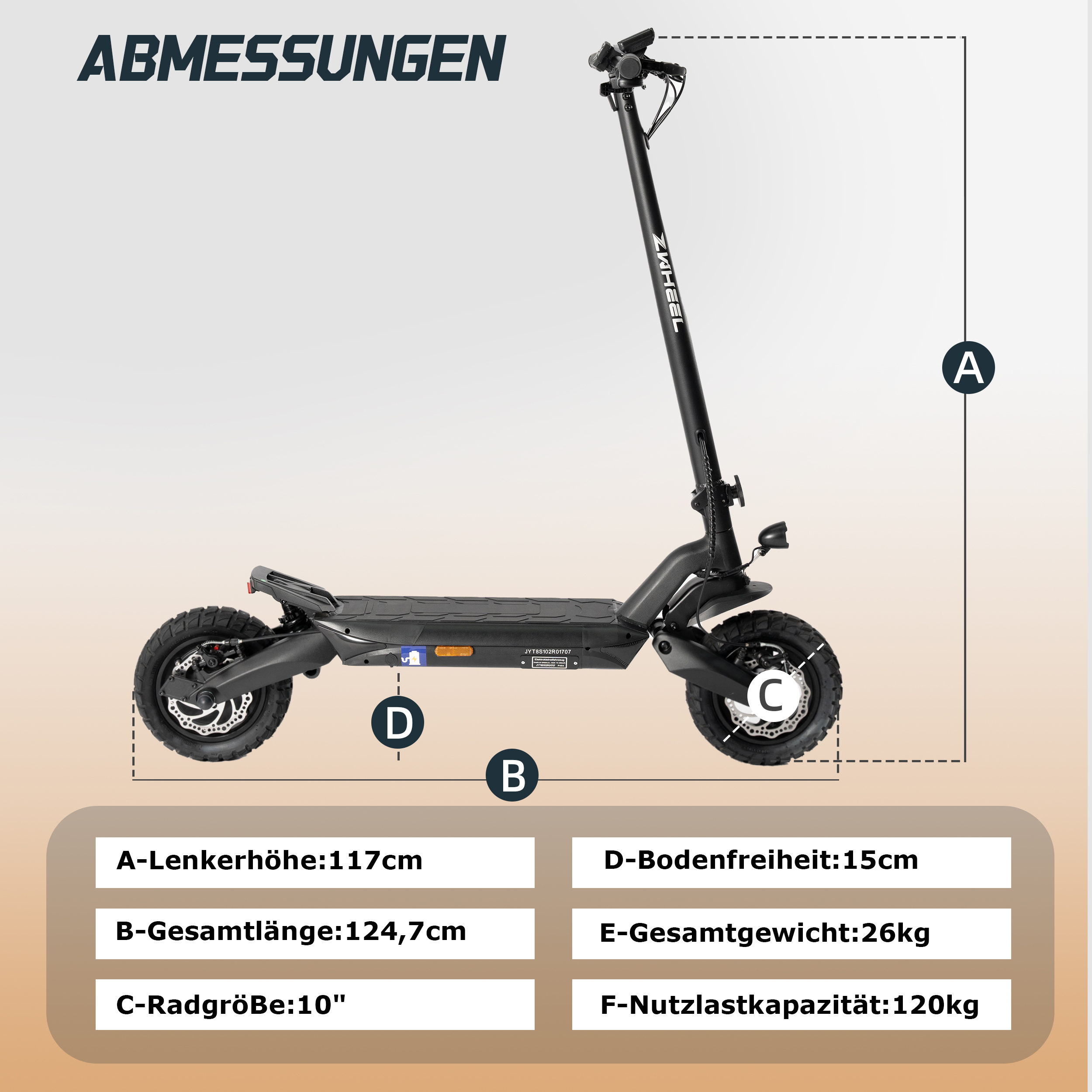 Ein Elektroroller mit Maßangaben. Er hat einen schwarzen Rahmen, große Räder und einen klappbaren Lenker.