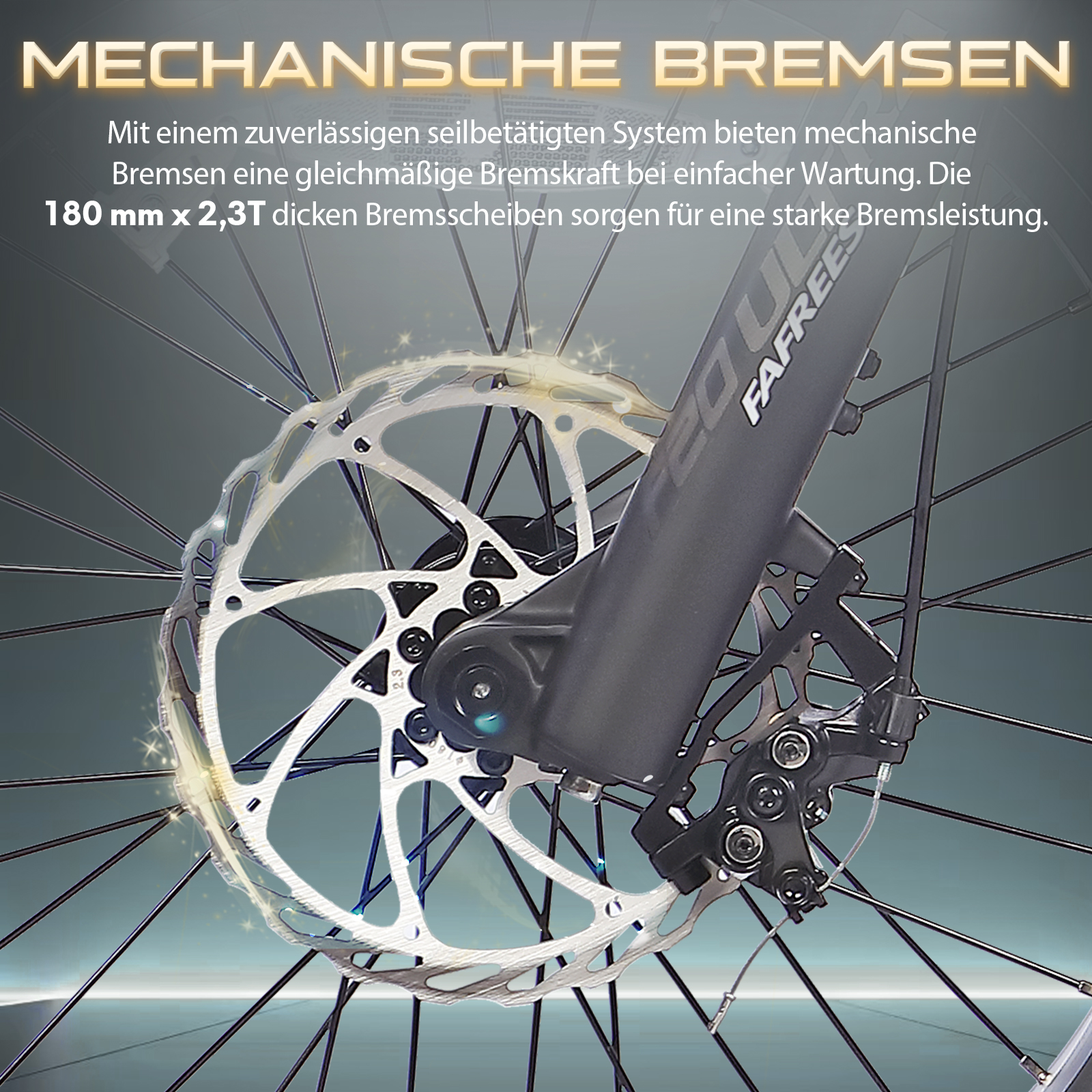 Nahaufnahme eines Fahrrad-Scheibenbremssystems. Silberne Scheibe mit schwarzem Bremssattel, Gabel und Speichen. Text auf Deutsch.