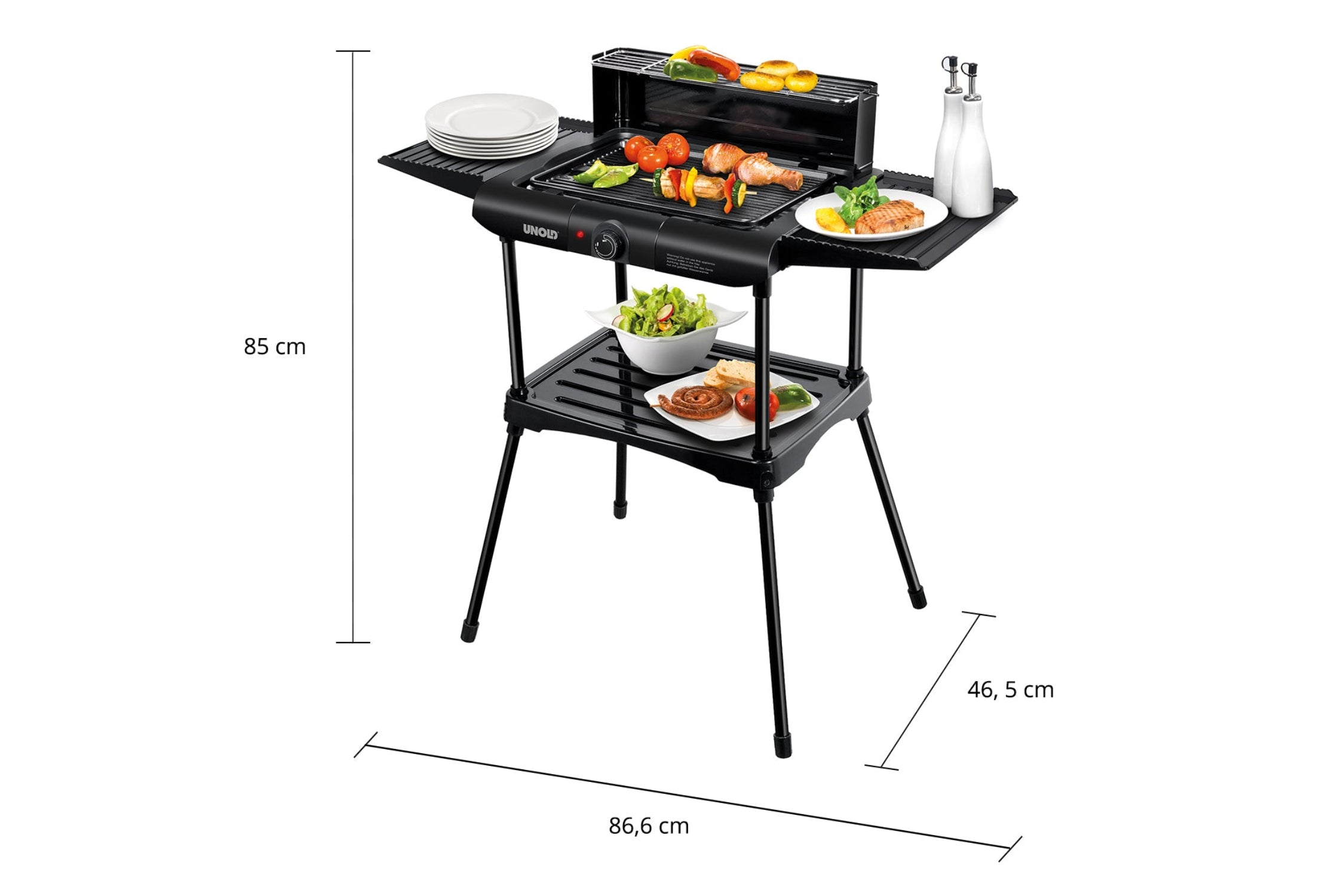 Schwarzer Grill mit Essen, Tellern und Ölflaschen. Abmessungen: 86,6 cm, 46,5 cm und 85 cm Höhe.