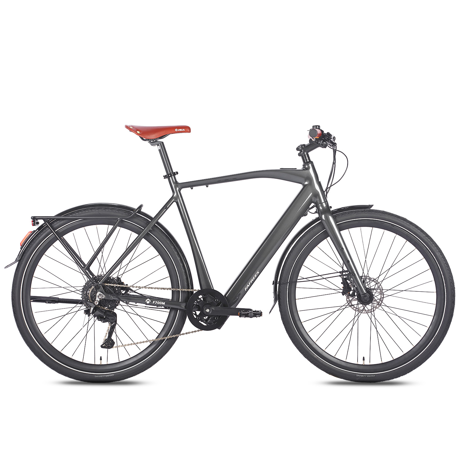 Ein graues Elektrofahrrad auf weißem Hintergrund. Es hat einen braunen Ledersitz und schwarze Reifen. Der Markenname ist FAFREES.