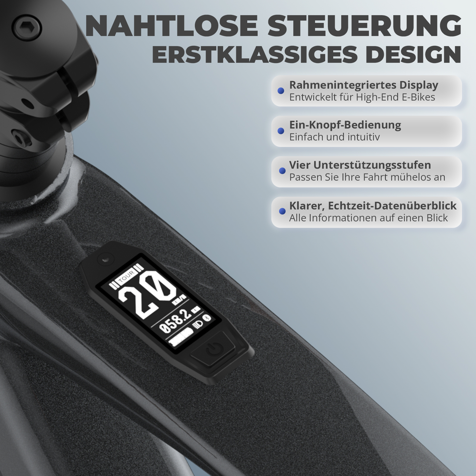 Ein E-Bike-Display zeigt 20 km/h und 058,2 km an. Der Fahrradrahmen ist dunkelgrau. Text auf dem Display ist weiß.