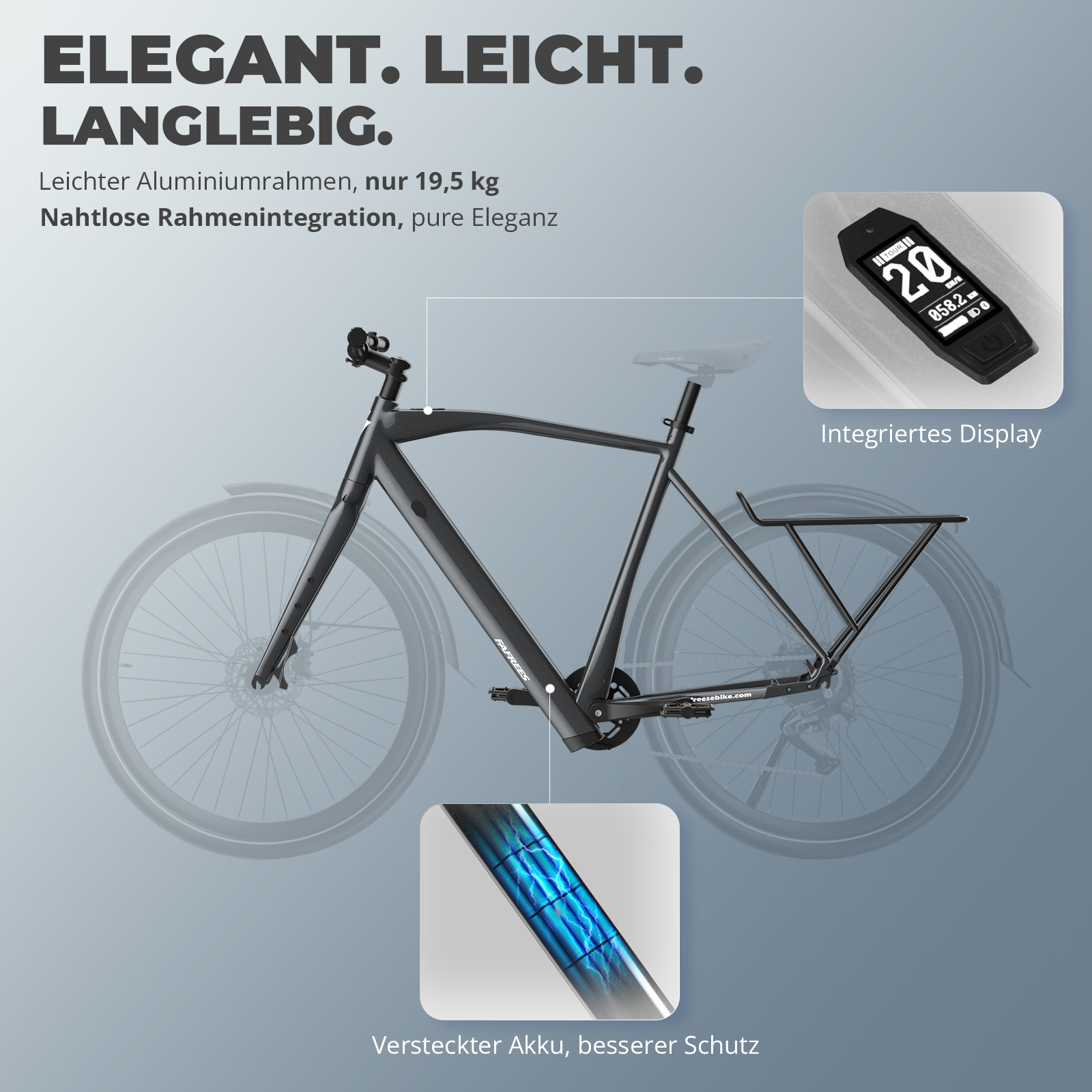 Ein schlankes schwarzes E-Bike mit integriertem Display, das die Geschwindigkeit anzeigt. Merkmale sind versteckte Batterie und Website.