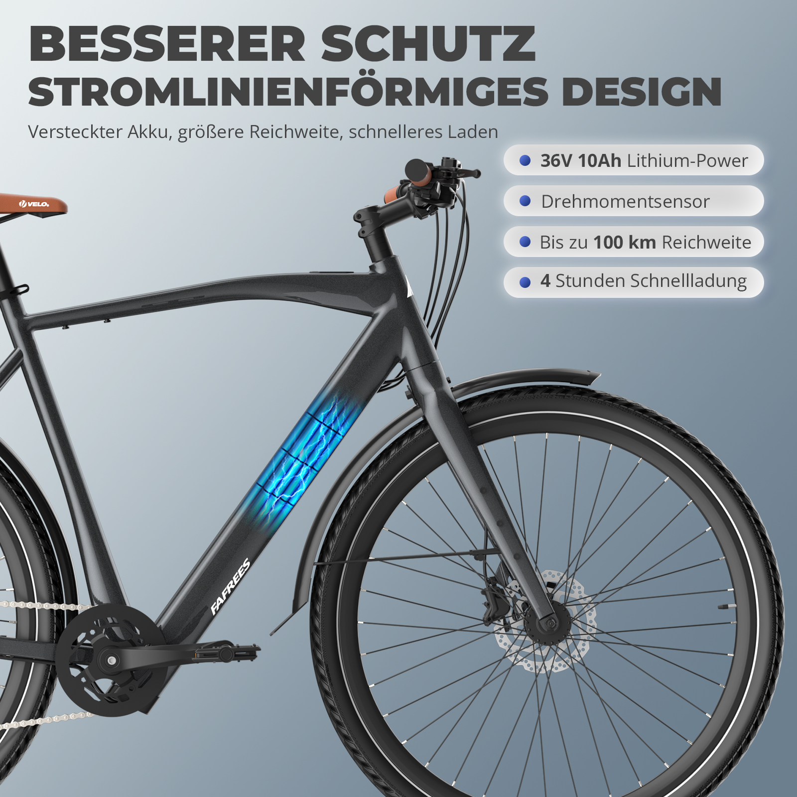 Ein E-Bike mit schwarzem Rahmen, braunem Sitz und weißem Text. Merkmale: Batterie, Reichweite und schnelles Laden.