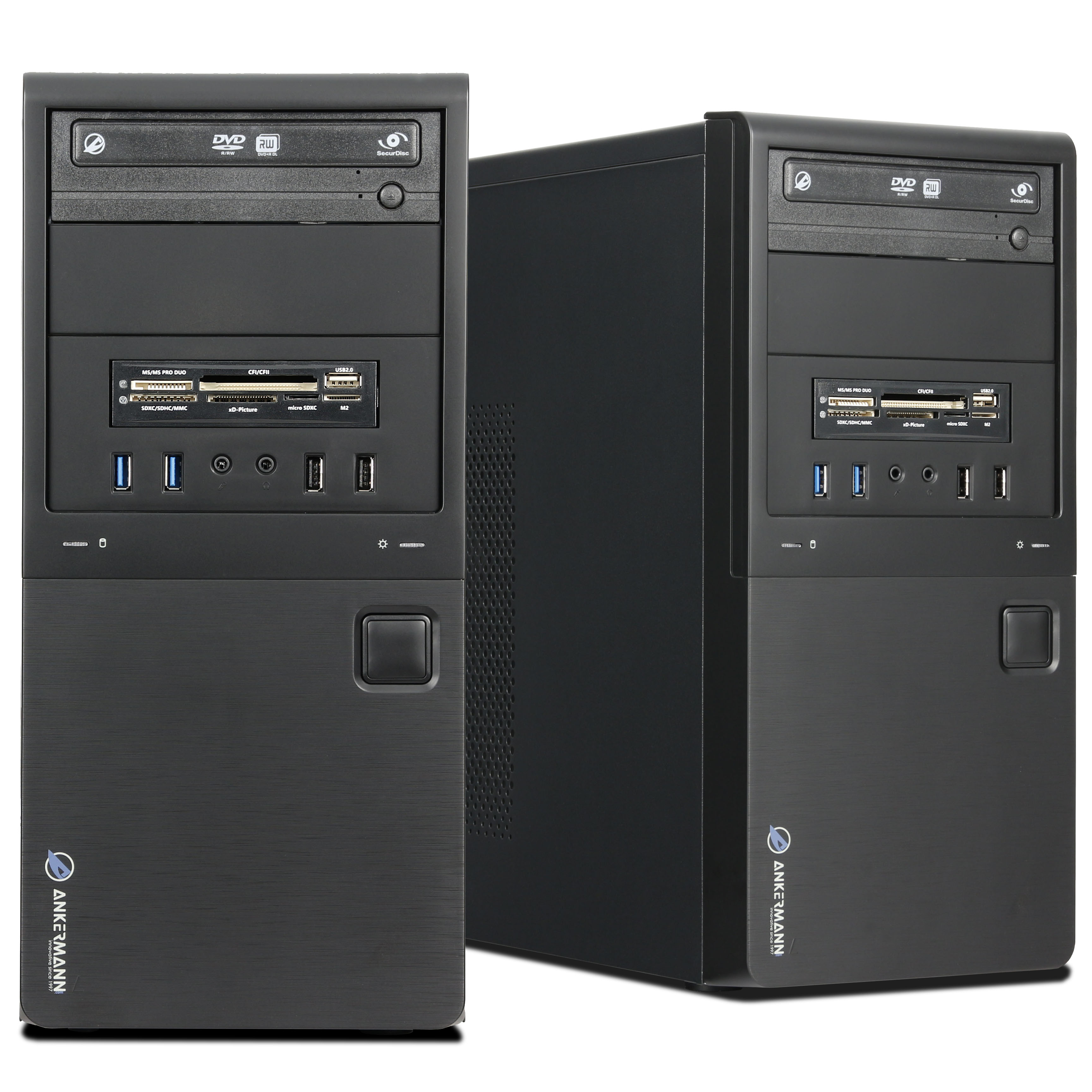 Zwei schwarze Computertürme mit DVD-Laufwerken, Kartenlesern und USB-Anschlüssen auf weißem Hintergrund.