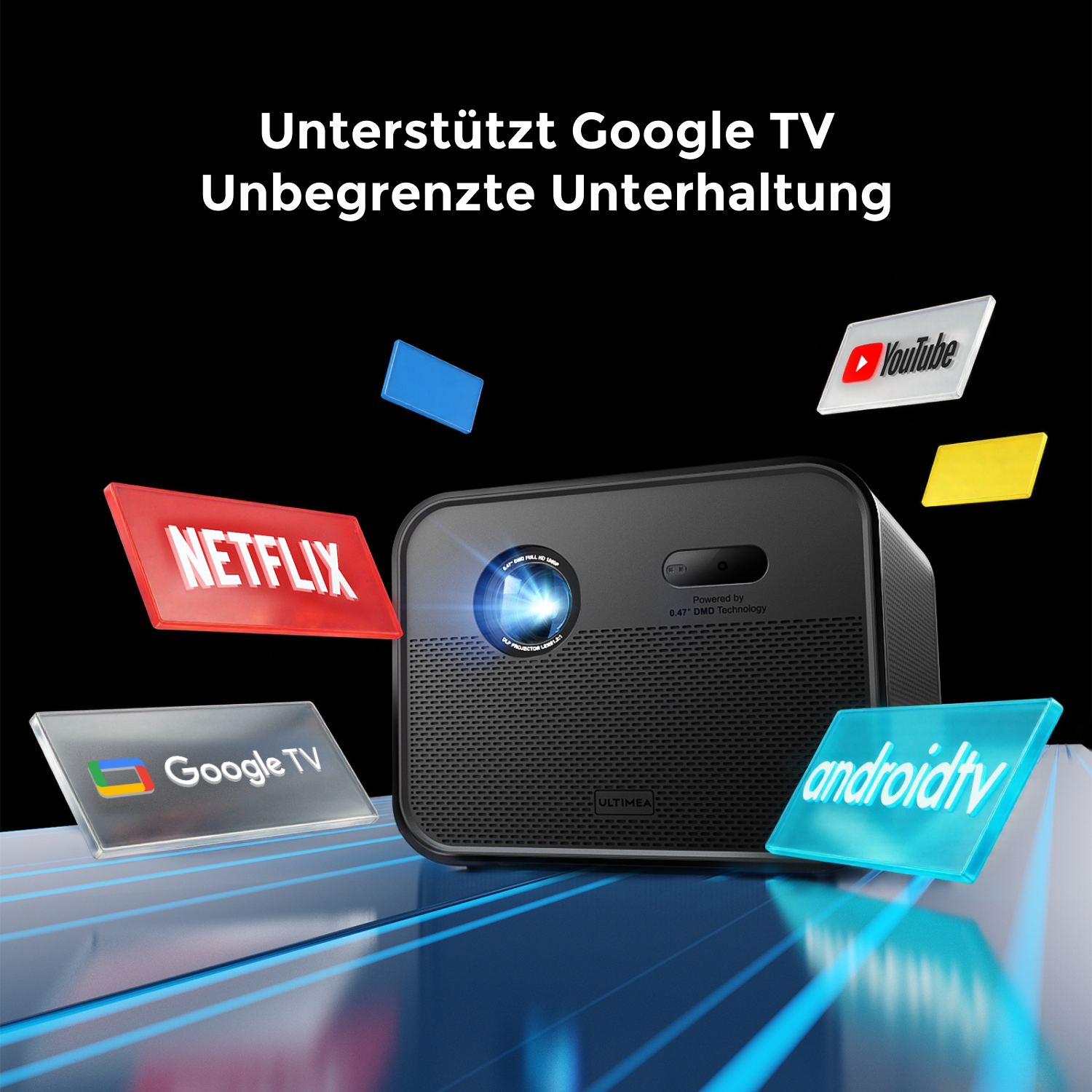 Un projecteur noir avec des logos de services de streaming comme Netflix et YouTube. Texte : 'Unterstützt Google TV Unbegrenzte Unterhaltung'.