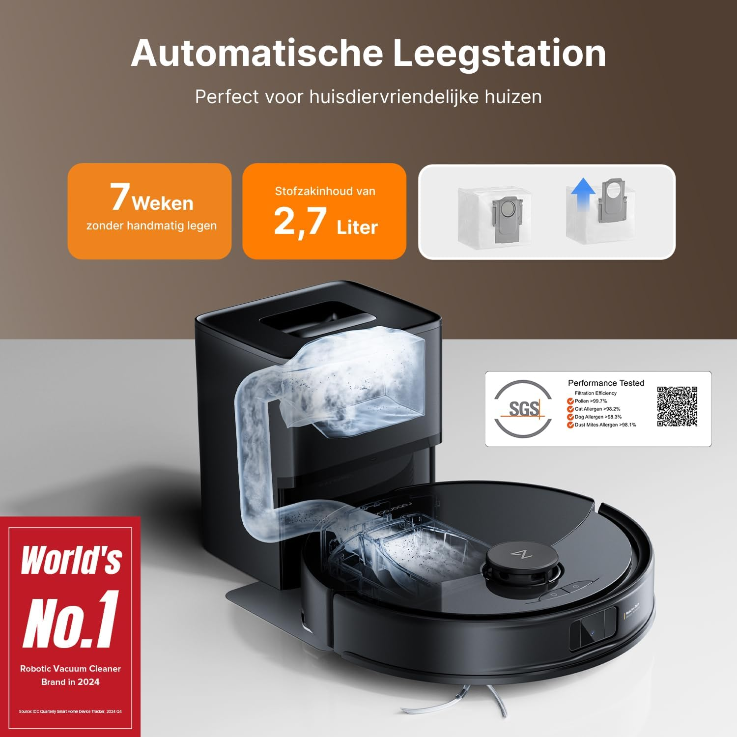 Een zwarte robotstofzuiger met een zelfledigend station. Het heeft een "World's No.1" label en tekst over filtratie-efficiëntie.