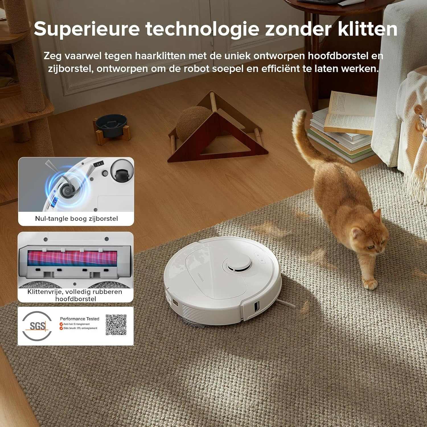 Een witte robotstofzuiger op een tapijt met een kat die loopt. Boven staat 'Superieure technologie zonder klitten'.