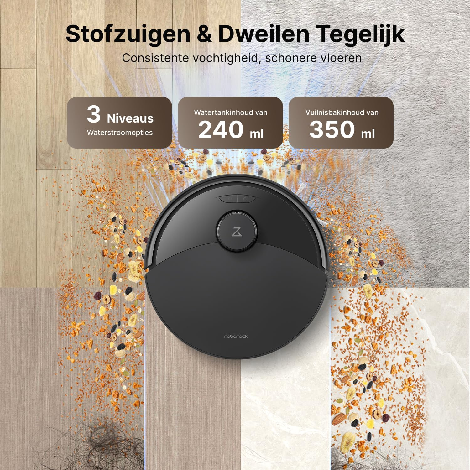 Een zwarte robotstofzuiger op verschillende vloertexturen. Tekst toont waterreservoirinhoud, stofbakcapaciteit en 3 waterstroomniveaus.
