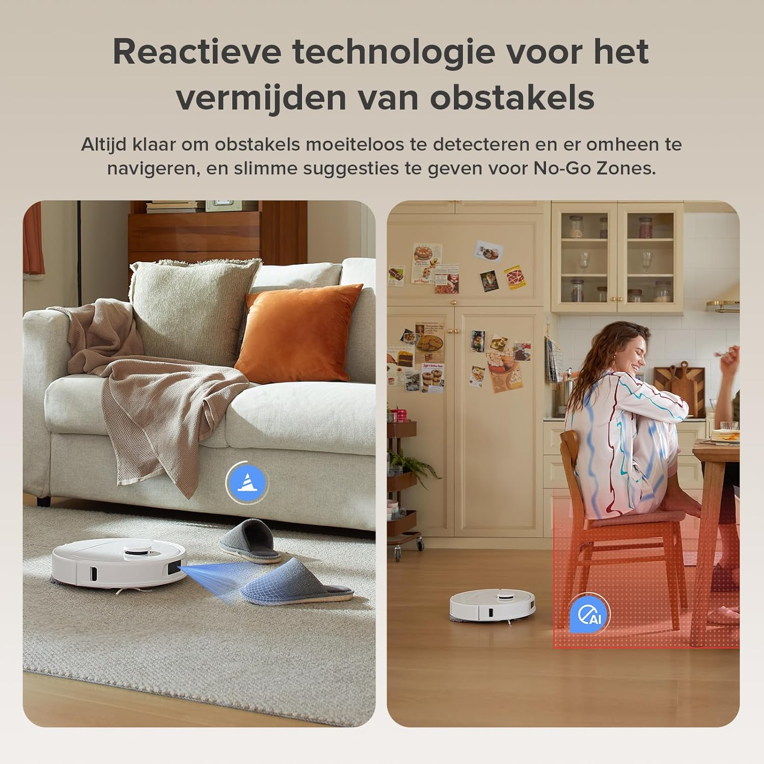 Een witte robotstofzuiger navigeert rond een bank en pantoffels. Een vrouw zit aan tafel terwijl de robot schoonmaakt.