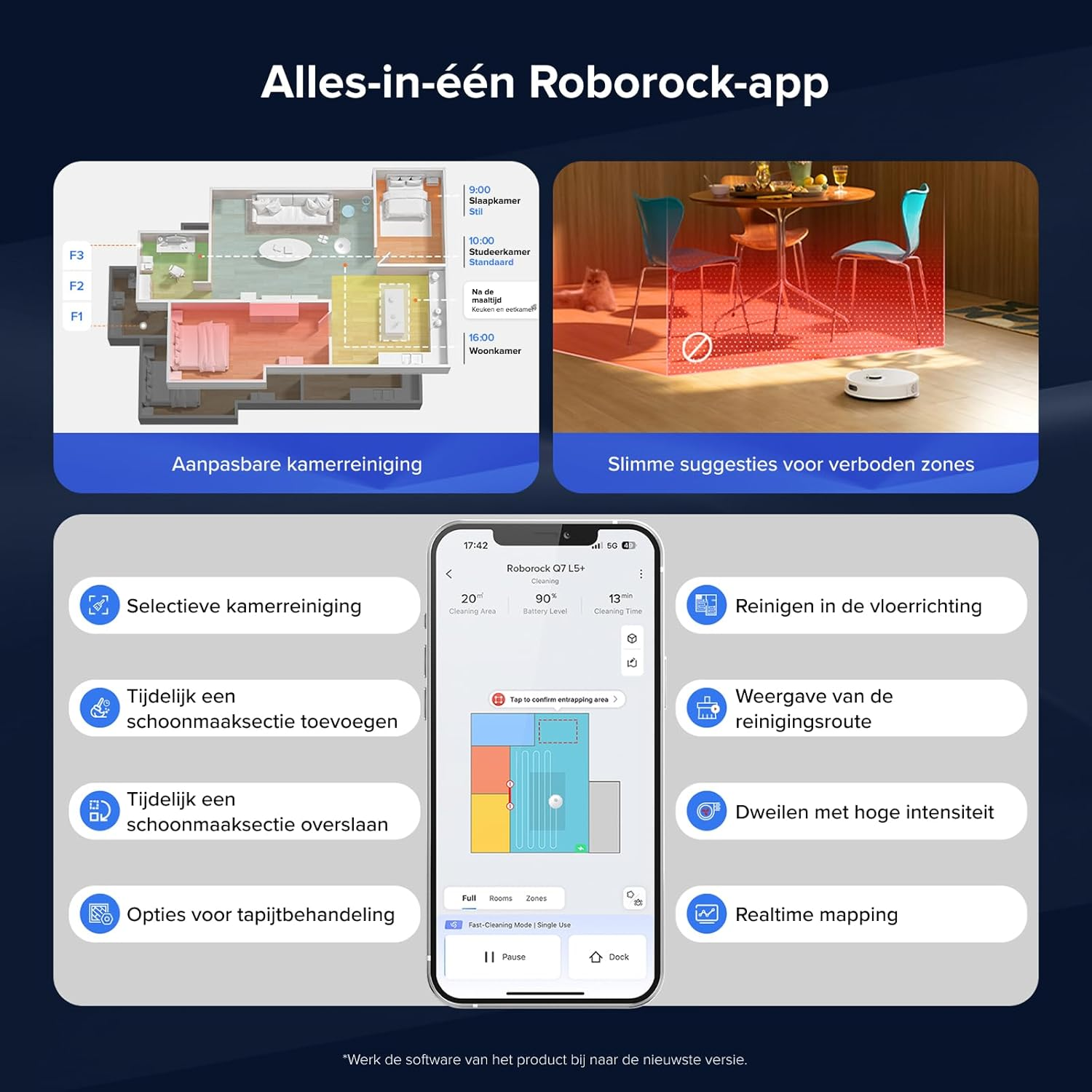 Roborock app-scherm met kamerindeling, verboden zones en schoonmaakopties. Een robotstofzuiger is zichtbaar.