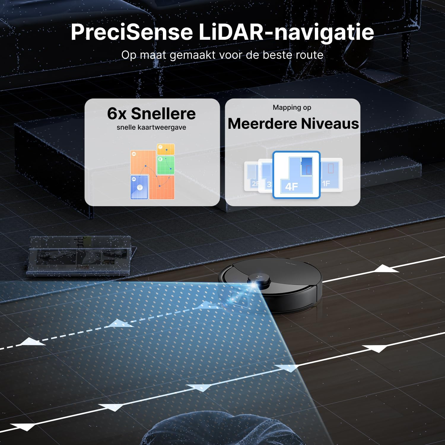 Een robotstofzuiger met LiDAR-navigatie wordt getoond. Het beschikt over snelle mapping en multi-level mapping mogelijkheden.