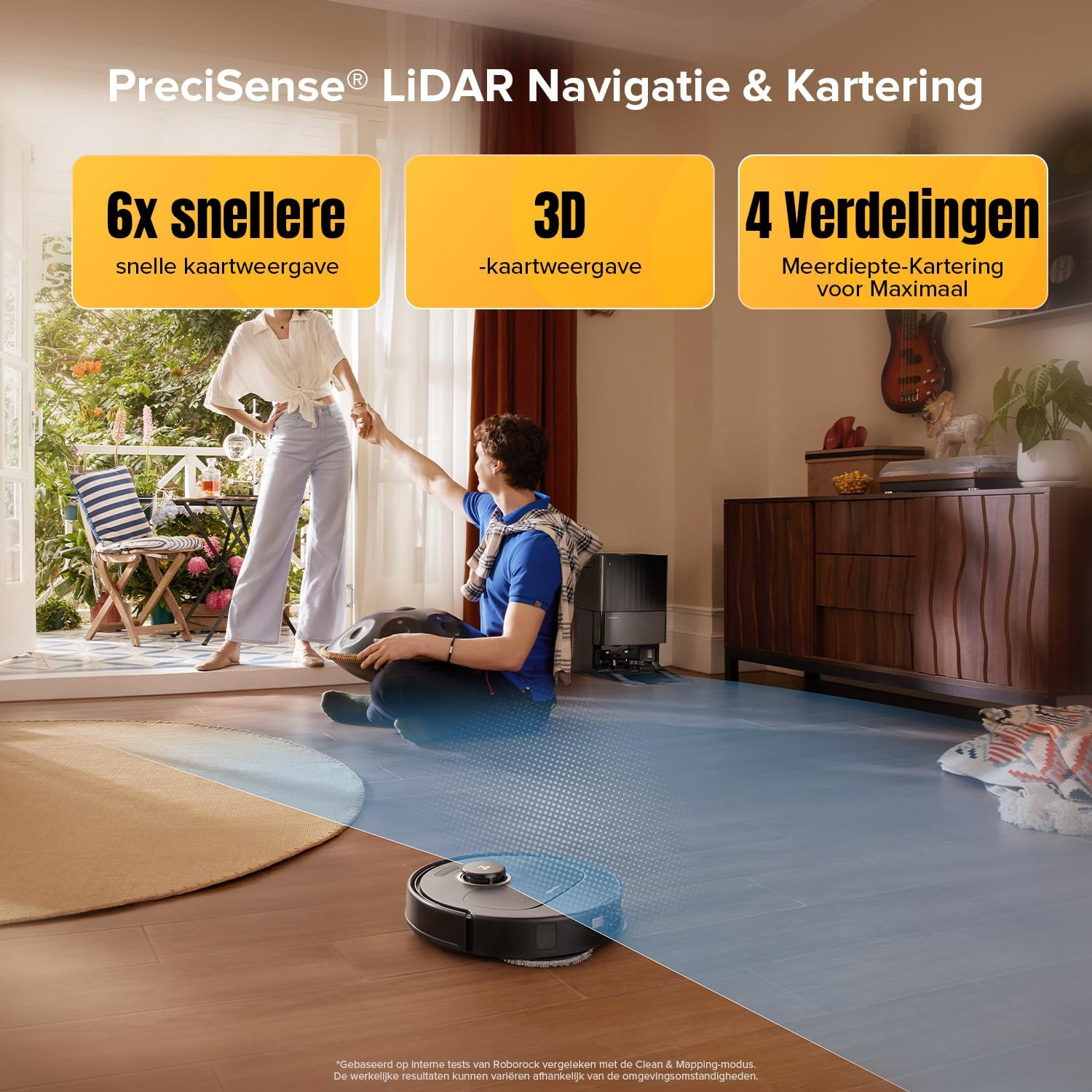 Een man en een vrouw in een kamer. Een robotstofzuiger staat op de vloer. Tekst toont '6x sneller' en '3D'.
