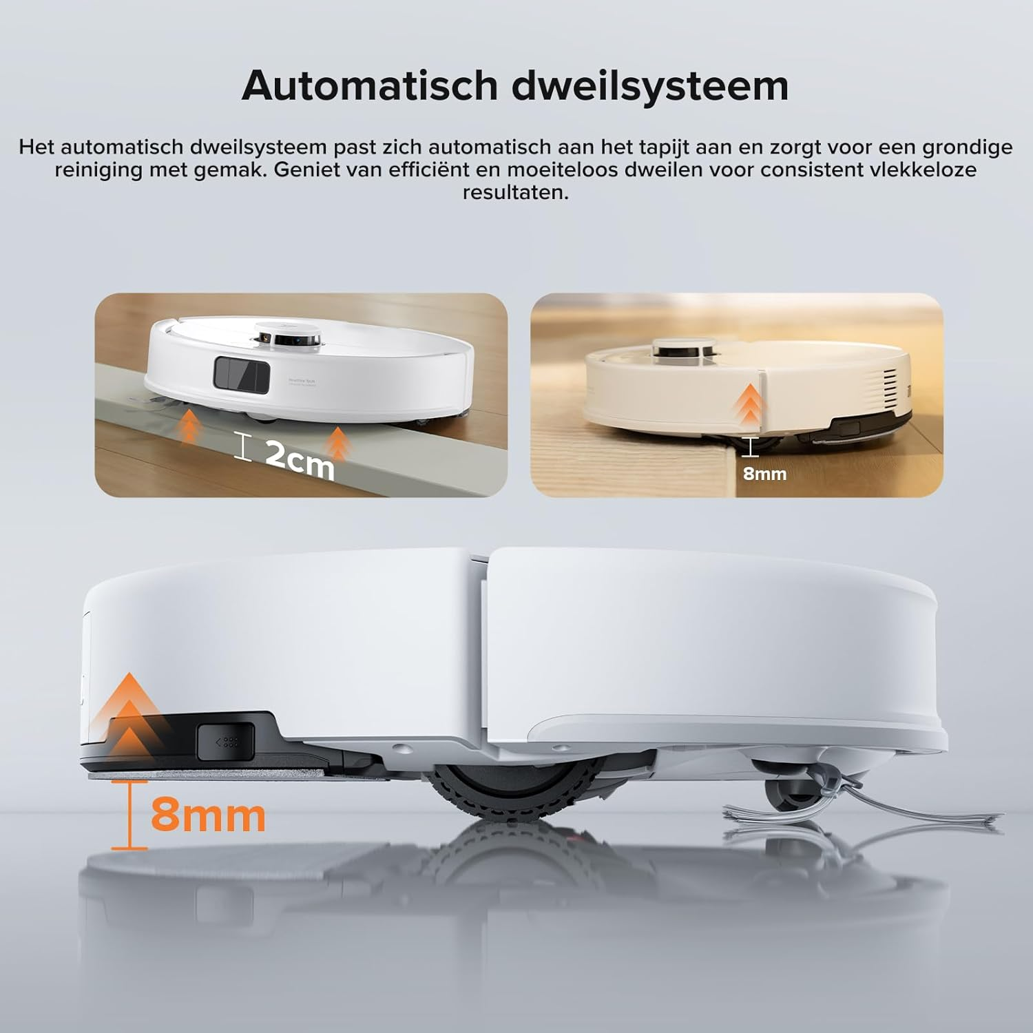 L'image montre un aspirateur robot blanc avec des mesures de hauteur de 2 cm et 8 mm. Le produit est conçu pour le nettoyage automatique des tapis.