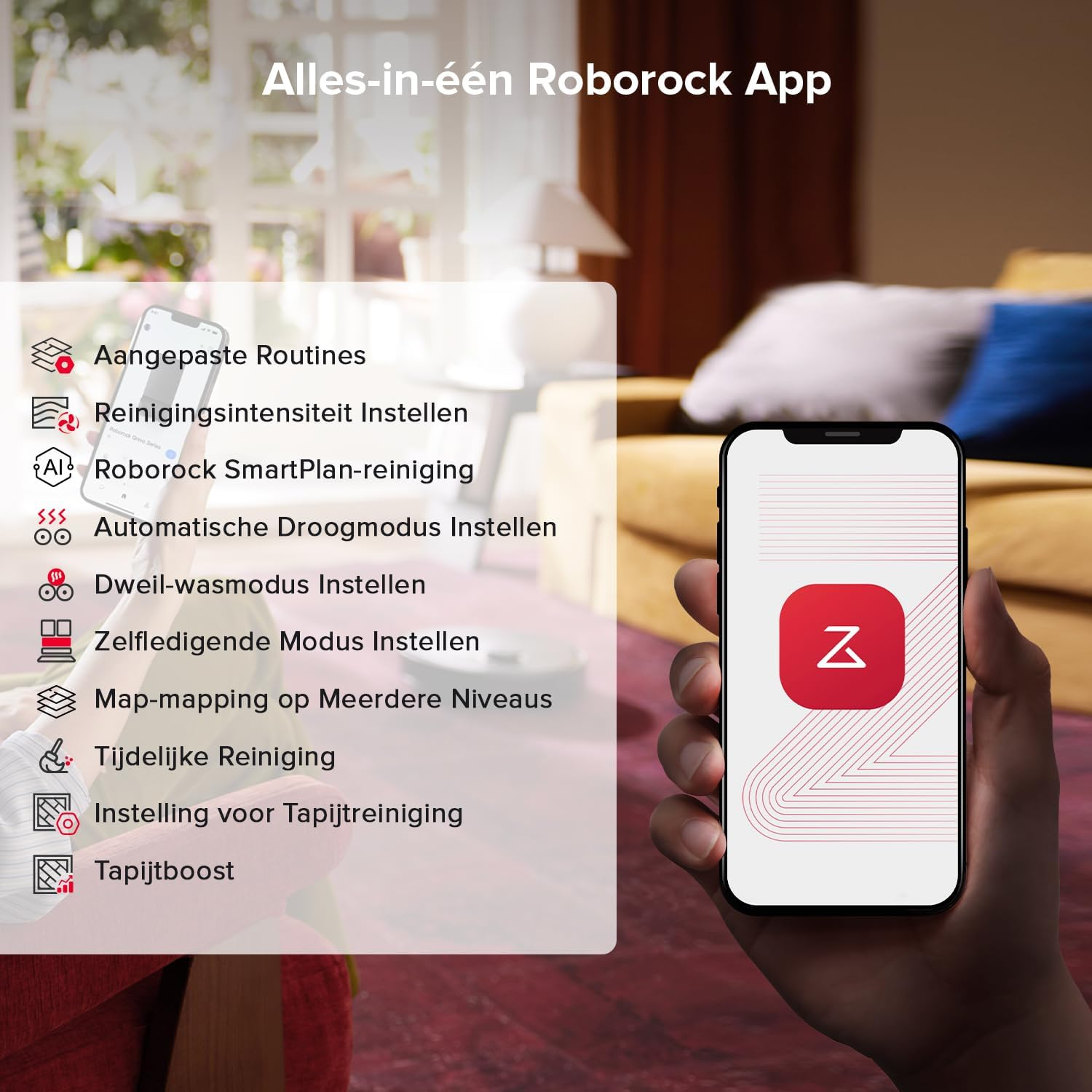 Een hand houdt een telefoon met een rood 'Z'-logo vast. Links een lijst met Roborock-appfuncties zoals routines en reinigingsinstellingen.