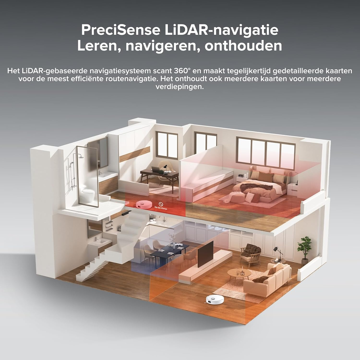 Modèle de maison avec aspirateur robot. Zones rouges et bleues indiquent la navigation. Texte explique la navigation LiDAR.