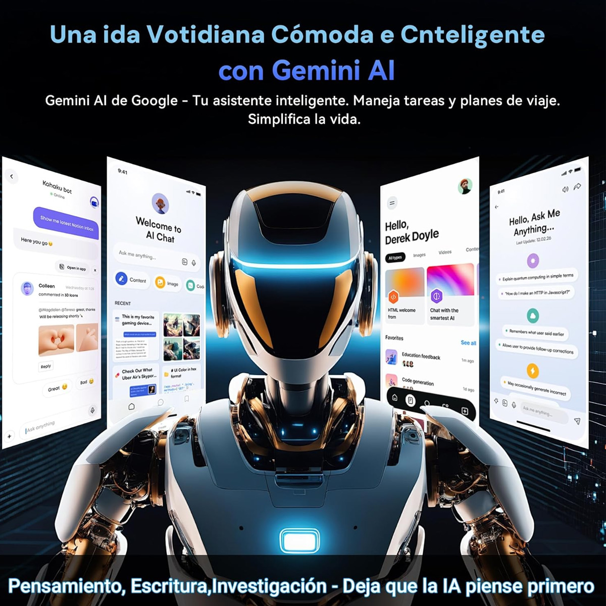 Un robot con líneas azules brillantes en la cabeza y el pecho, sosteniendo pantallas con interfaces de chat de IA. Superposición de texto.
