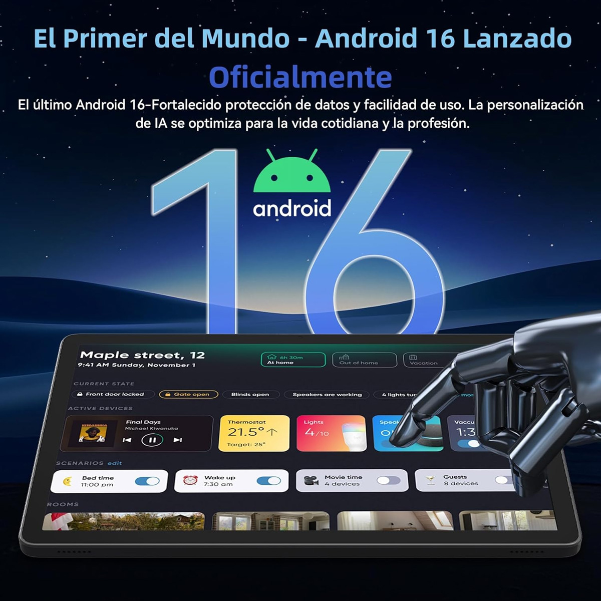 Anuncio de Android 16 en una tableta. Presenta el logotipo de Android, controles de hogar inteligente y mano robótica.