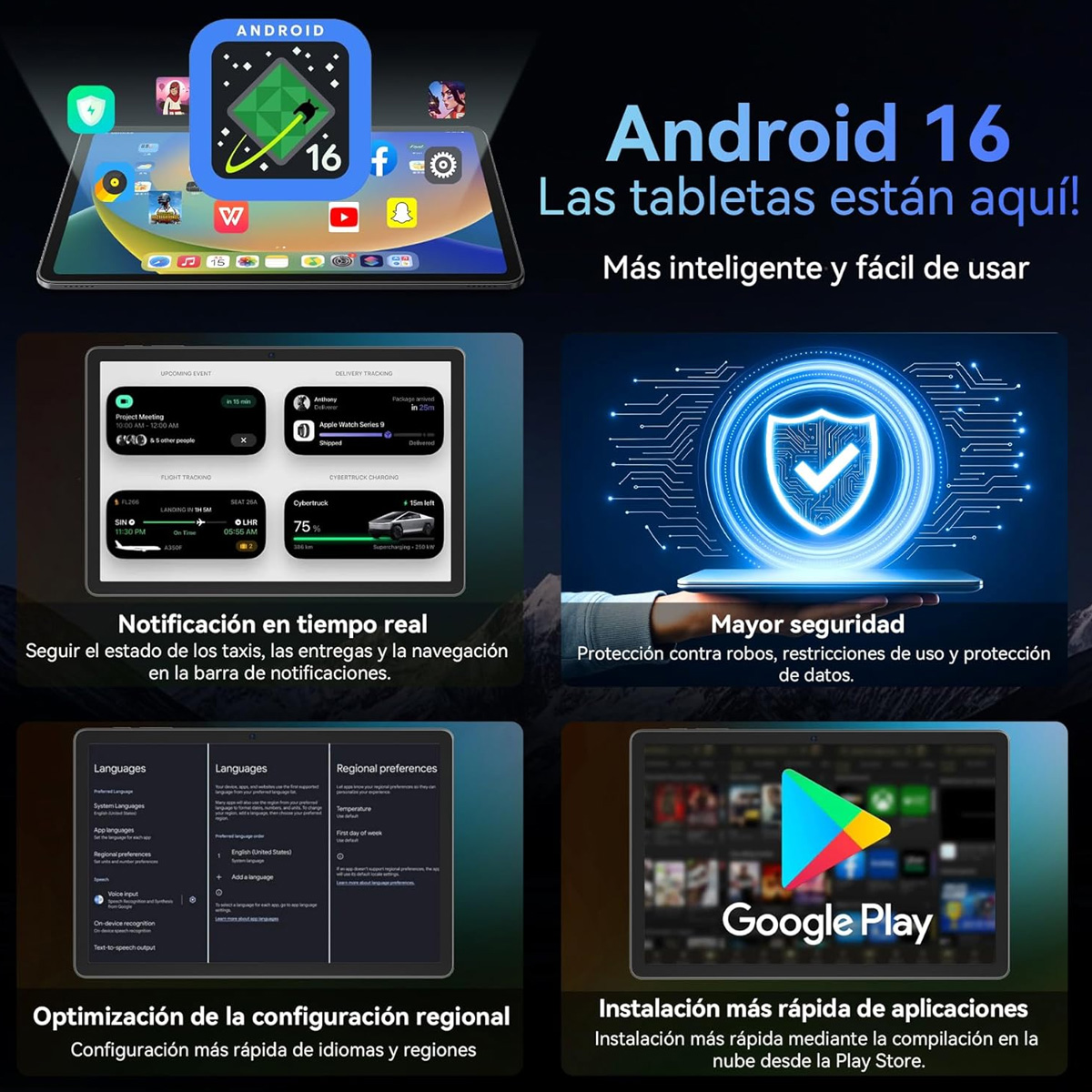 Anuncio de Android 16 con tableta, capturas de pantalla de la interfaz de usuario y logotipo de Google Play. Texto en español sobre funciones e instalación de aplicaciones.