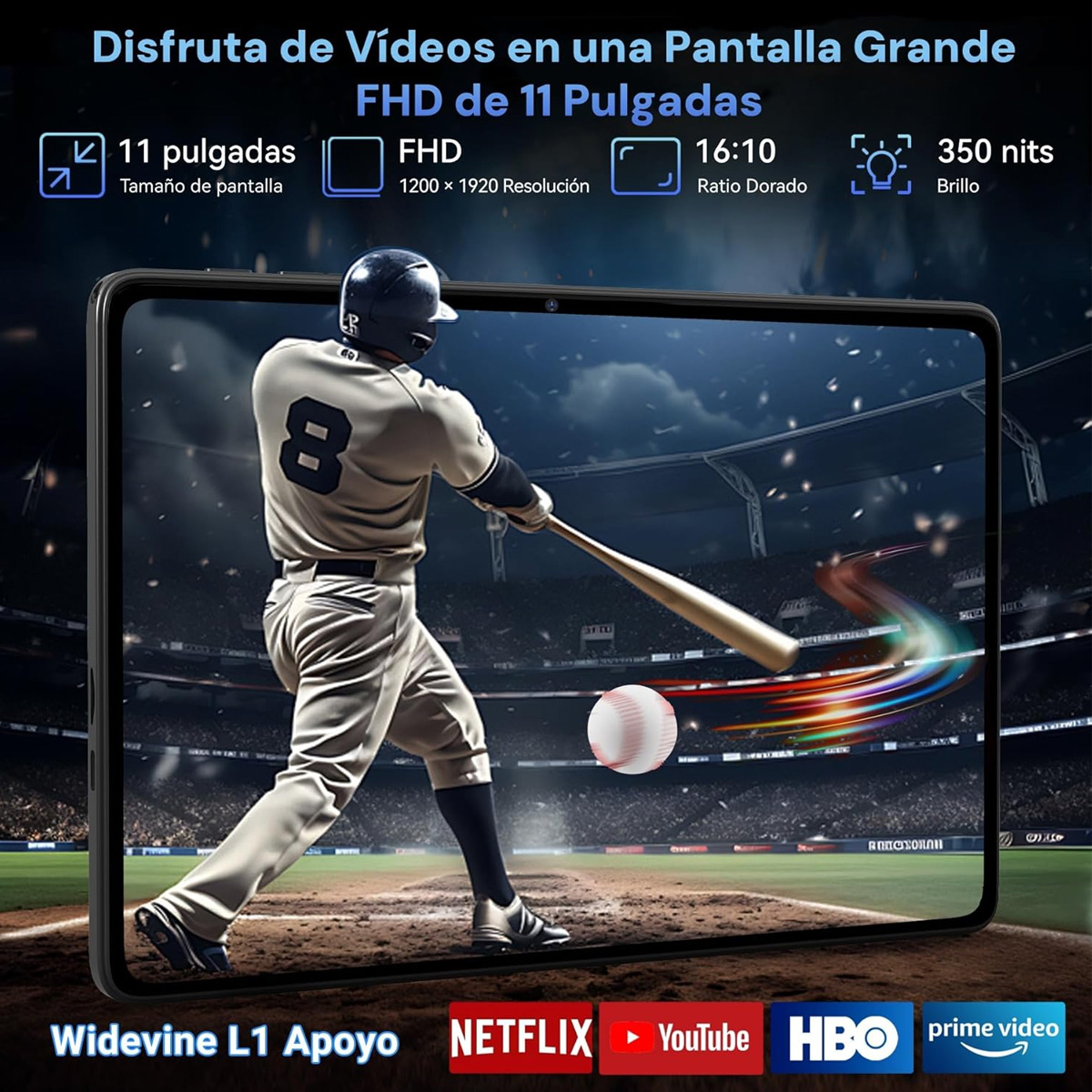 Una tableta muestra a un jugador de béisbol bateando una pelota en un estadio. El texto incluye 'FHD', '11 pulgadas' y logotipos de aplicaciones de transmisión.
