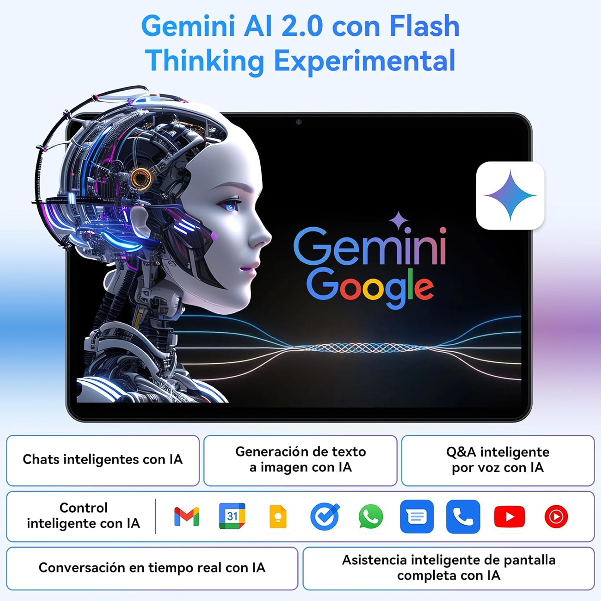 Imagen conceptual de IA. Una cabeza de robot metálica junto a una tableta con el logo Gemini. Debajo, iconos relacionados con la IA.