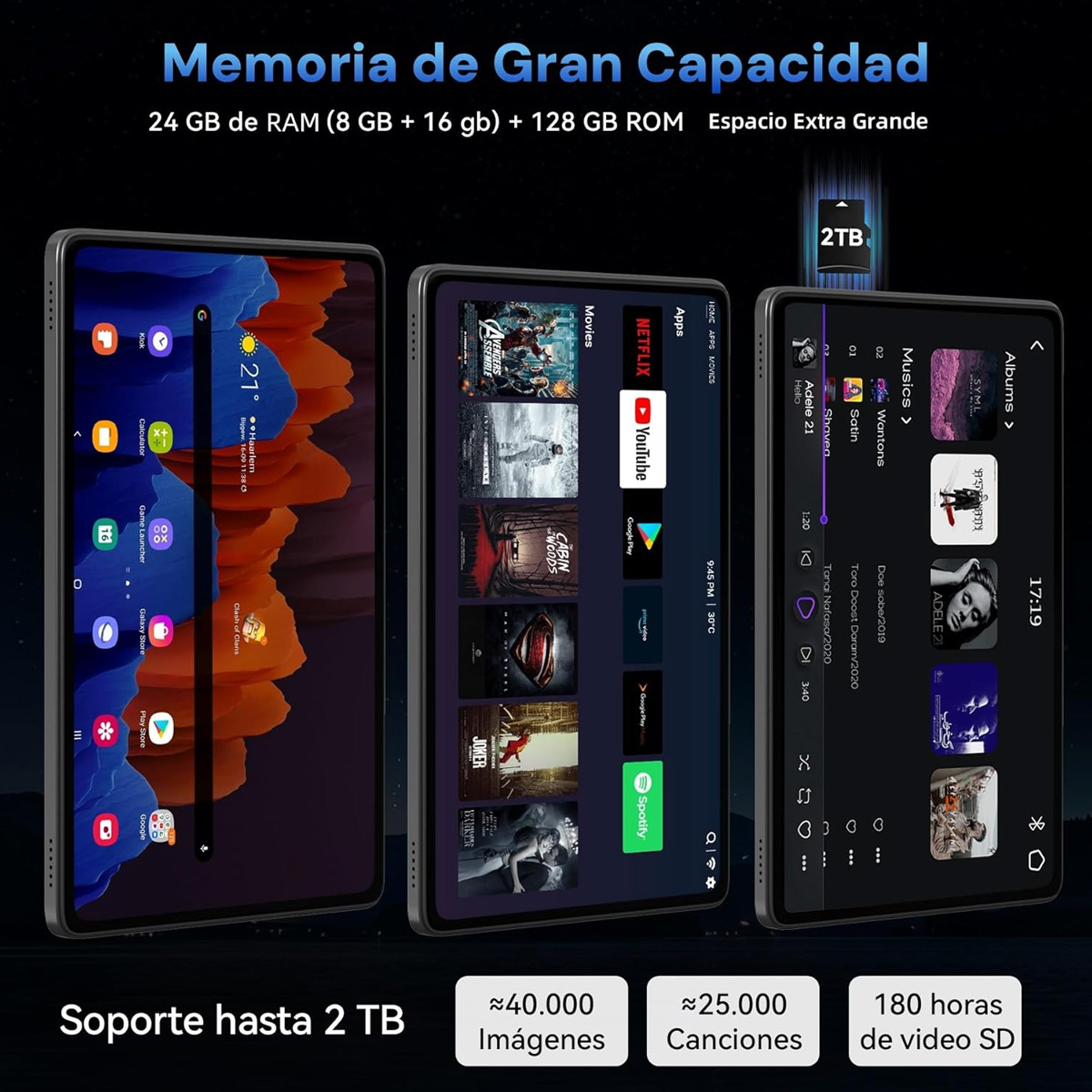 Tabletas mostrando apps y música. Texto: 24GB RAM, 128GB ROM y 2TB almacenamiento. Íconos de apps y medios son visibles.