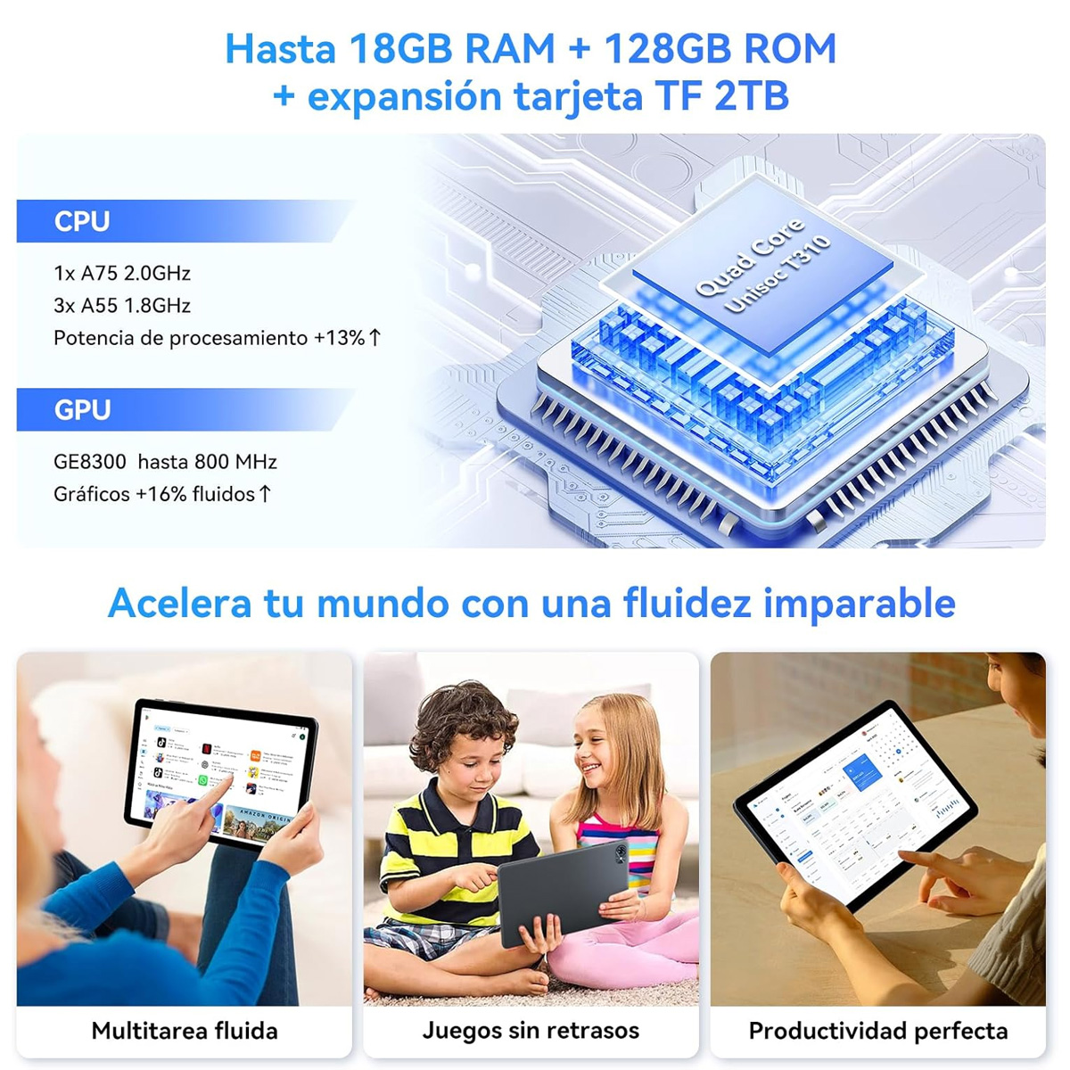 Un anuncio muestra una tableta con especificaciones. Incluye imágenes de personas usando tabletas para diferentes tareas.