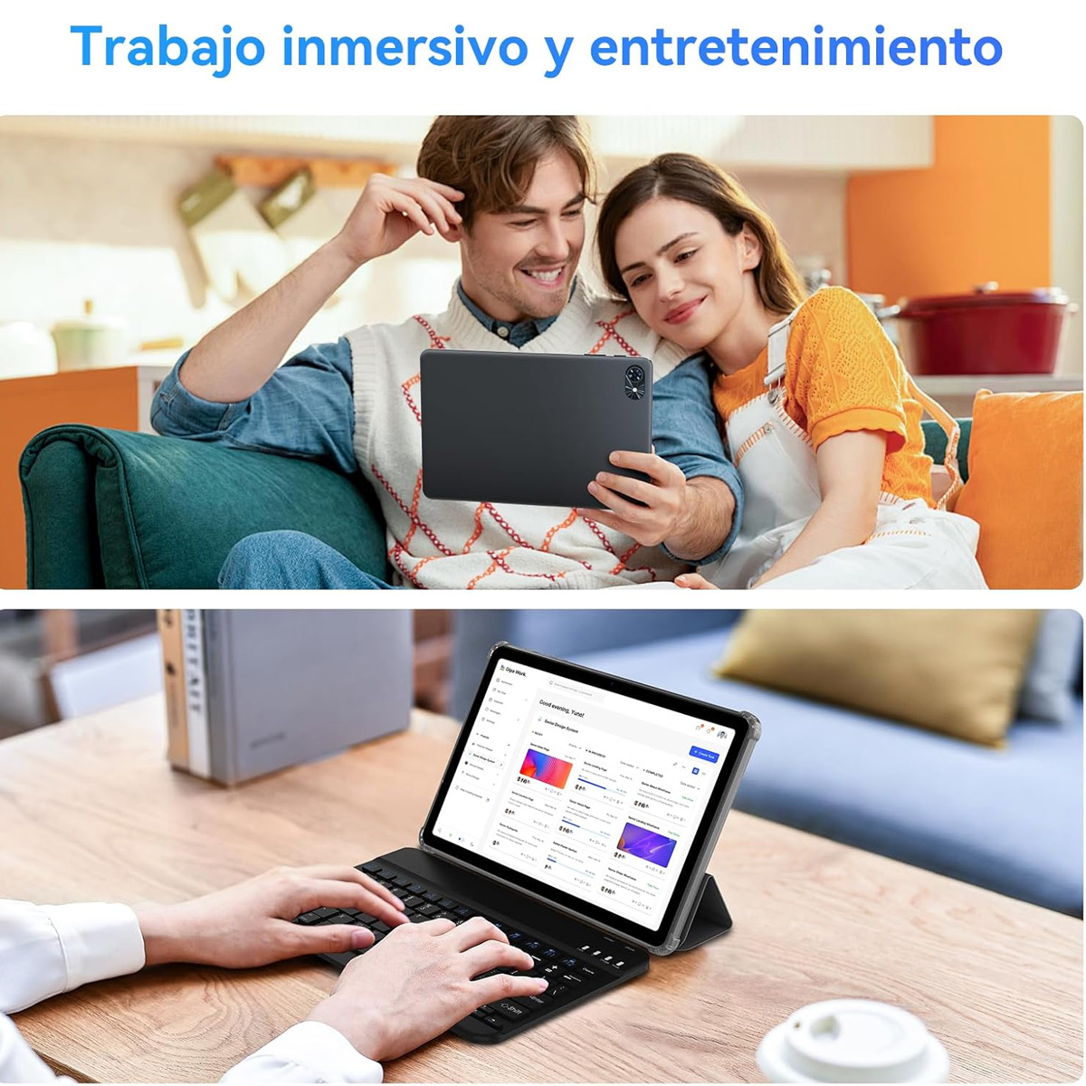 Una pareja en un sofá mirando una tableta. Abajo, manos escribiendo en un teclado adjunto a una tableta.