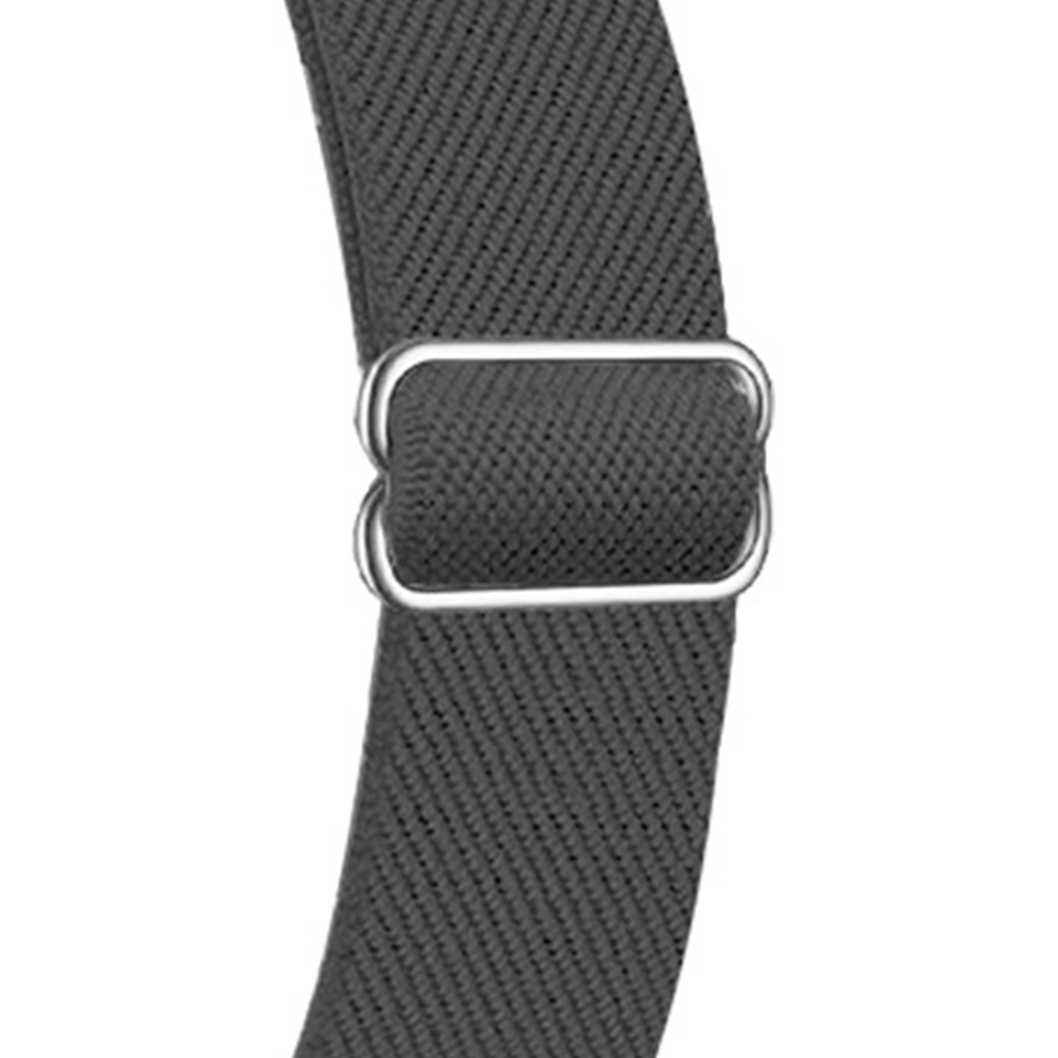 Nahaufnahme eines dunkelgrauen Gummibands mit einer silbernen Metallschnalle. Das Band hat eine gewebte Textur. Die Schnalle ist rechteckig.