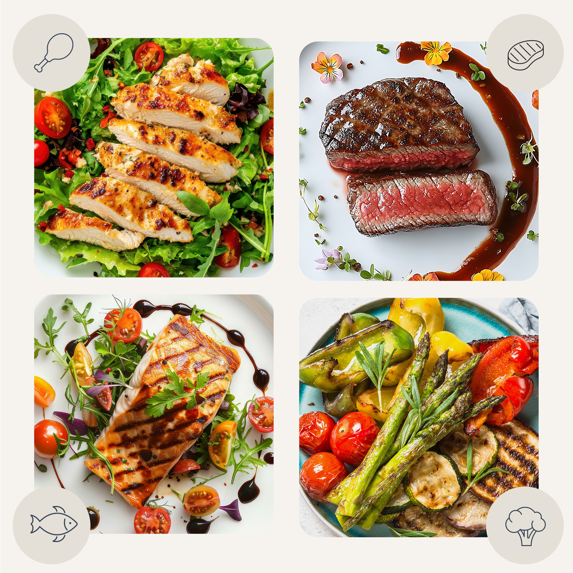 Grilled chicken salad with tomatoes and greens. Top left. Other plates: steak, salmon, grilled vegetables.