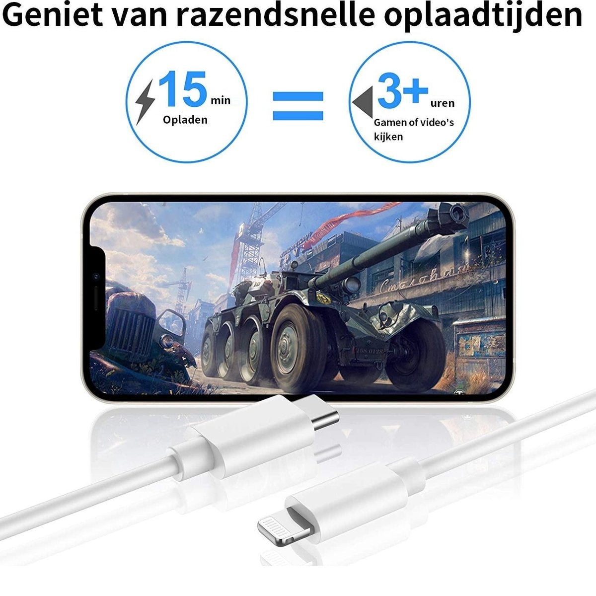 Phone with tank game, white charging cable. 15 min charge equals 3+ hours gaming. Text at the top.