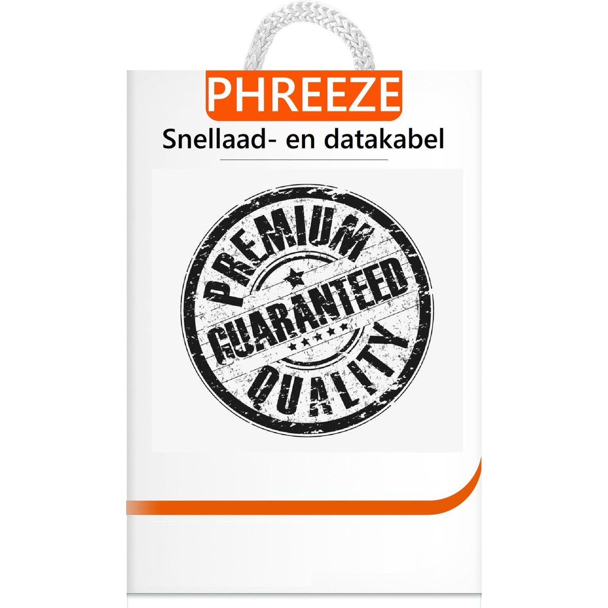 Witte verpakking met oranje accenten. Het heeft een handvat en een stempel 'Premium Guaranteed Quality'. De tekst 'PHREEZE' is zichtbaar.