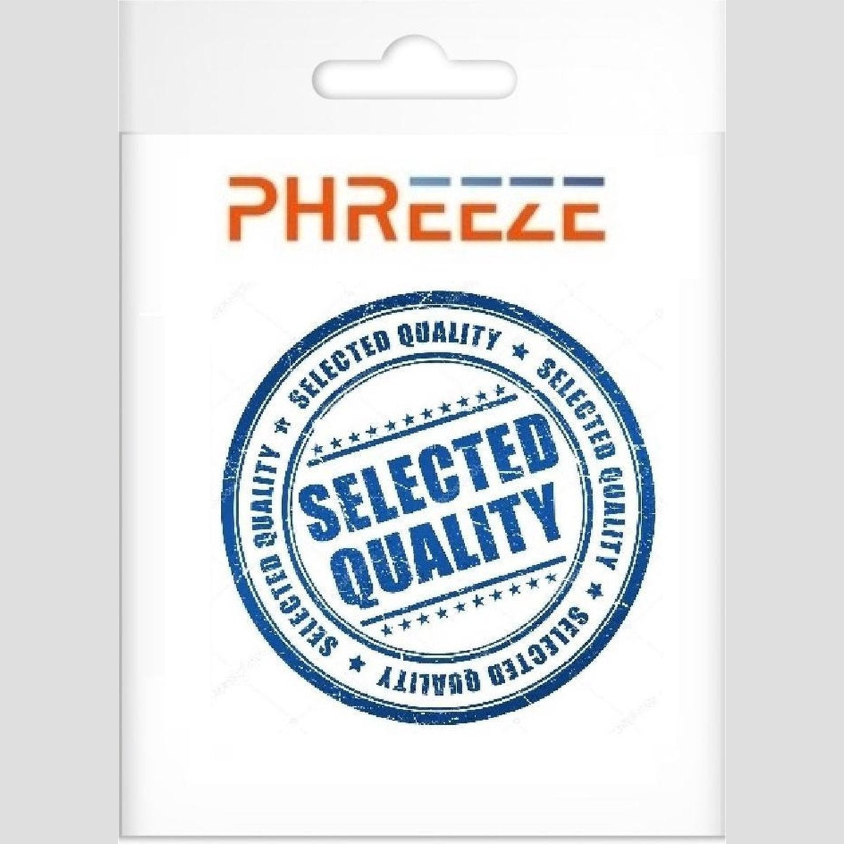 Witte verpakking met oranje en blauwe tekst. Een blauwe ronde stempel leest 'SELECTED QUALITY'.