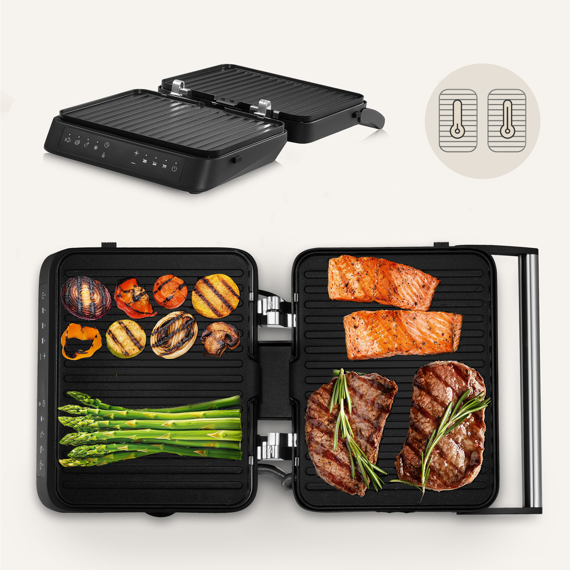 An open black grill with vegetables, salmon, and steak. The grill is open, showing the food. Temperature icons are also visible.