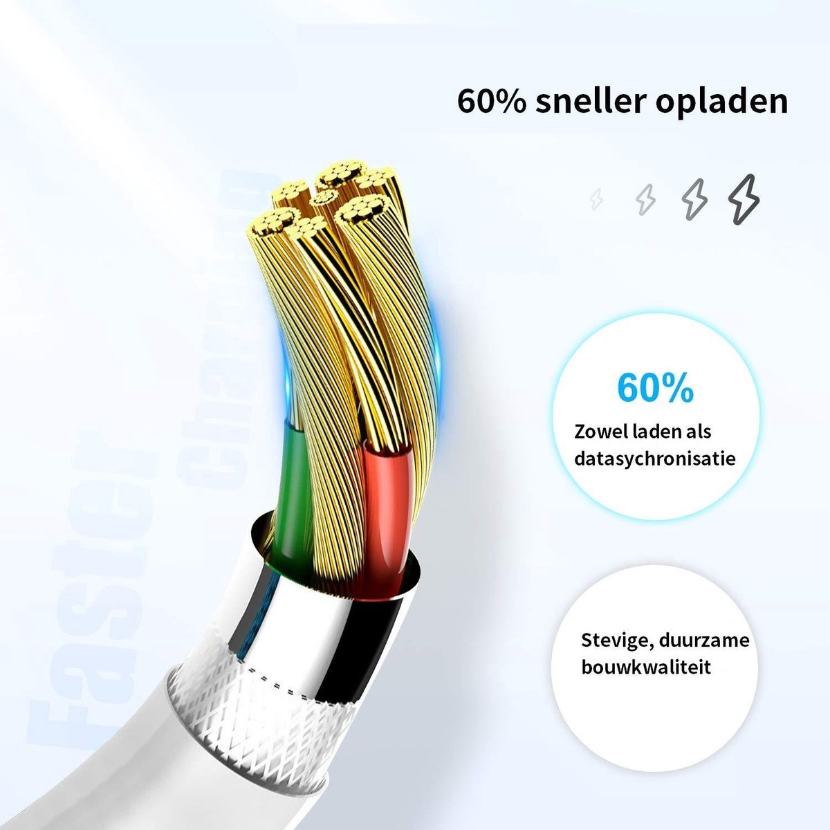 Cable with gold wires, green and red inner wires, and a white outer shell. Text: 60% faster charging, 60% data sync, durable quality.
