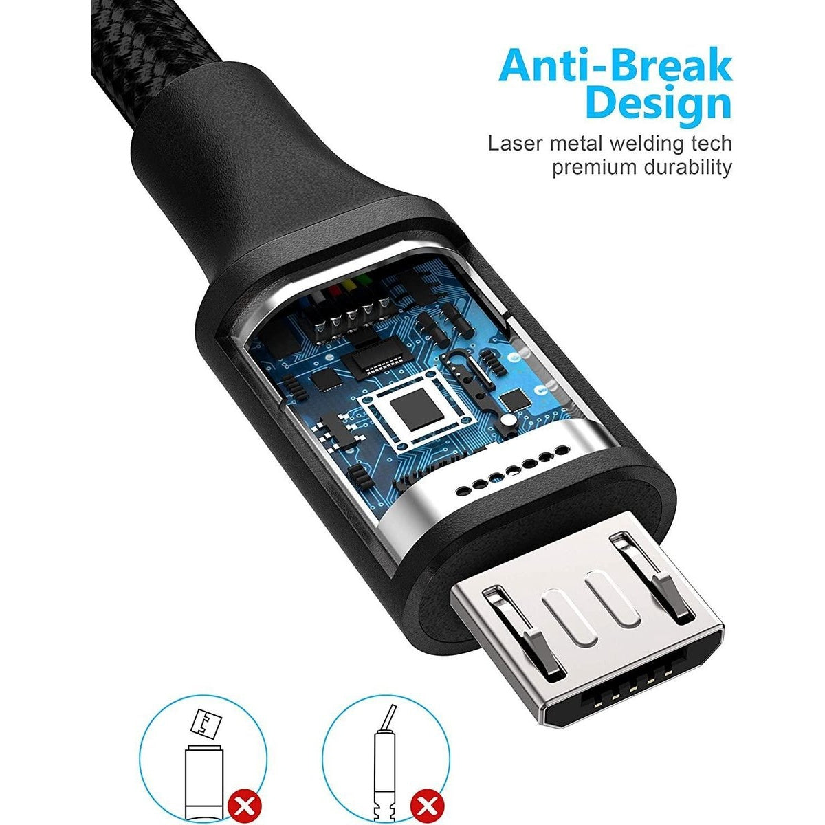 Een zwarte USB-kabel met een zilveren connector. De kabel heeft een anti-breuk ontwerp en toont interne circuitdetails.