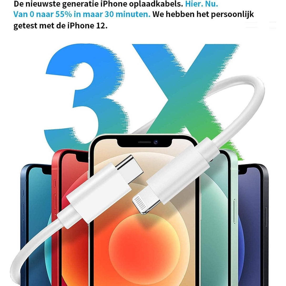 Image shows iPhones, a white charging cable, and a large blue and green '3X' graphic, advertising fast charging capabilities.