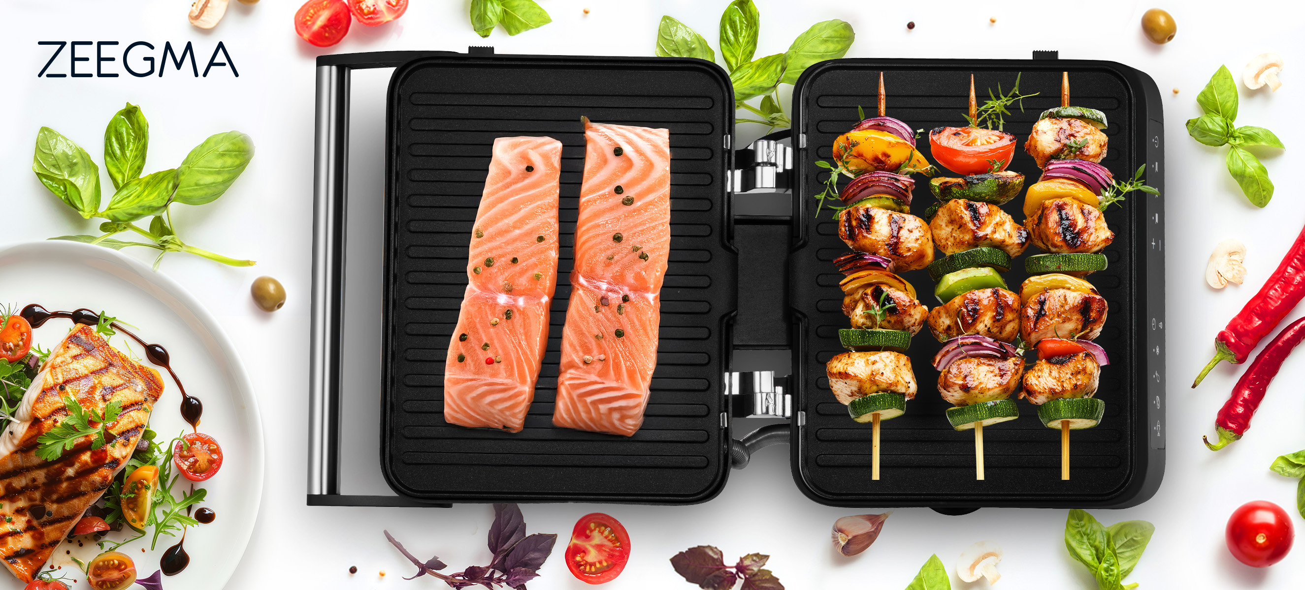 A grill with salmon and skewers. Tomatoes, herbs, and a grilled fish are on a white surface. White background.