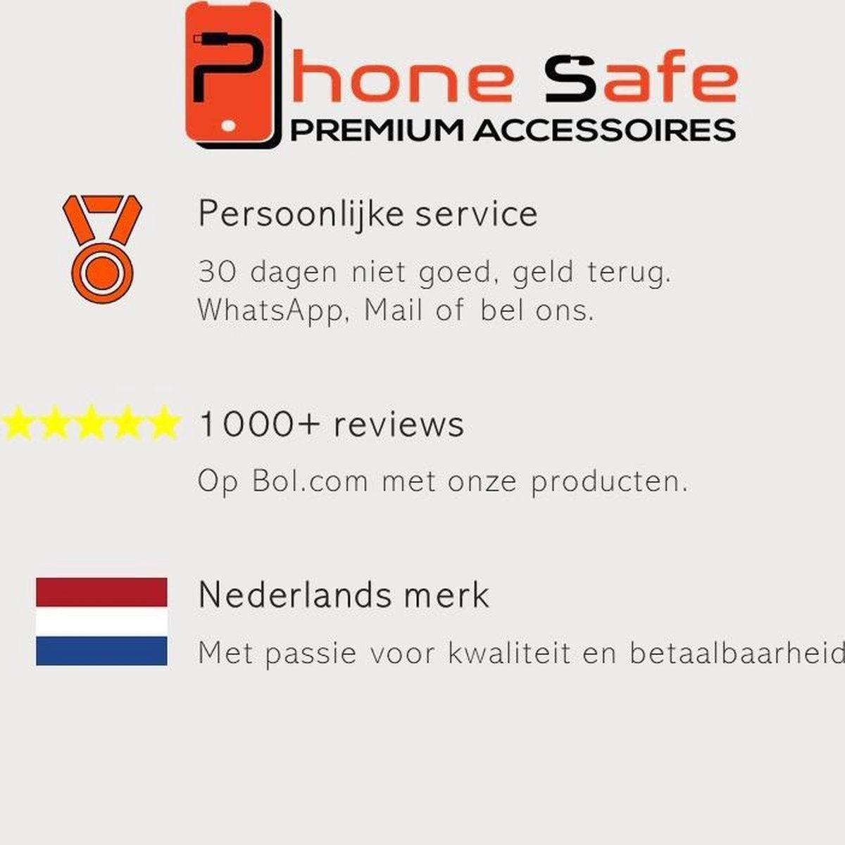 An advertisement with the Phone Safe logo, a medal icon, text, stars, the Dutch flag, and product details.