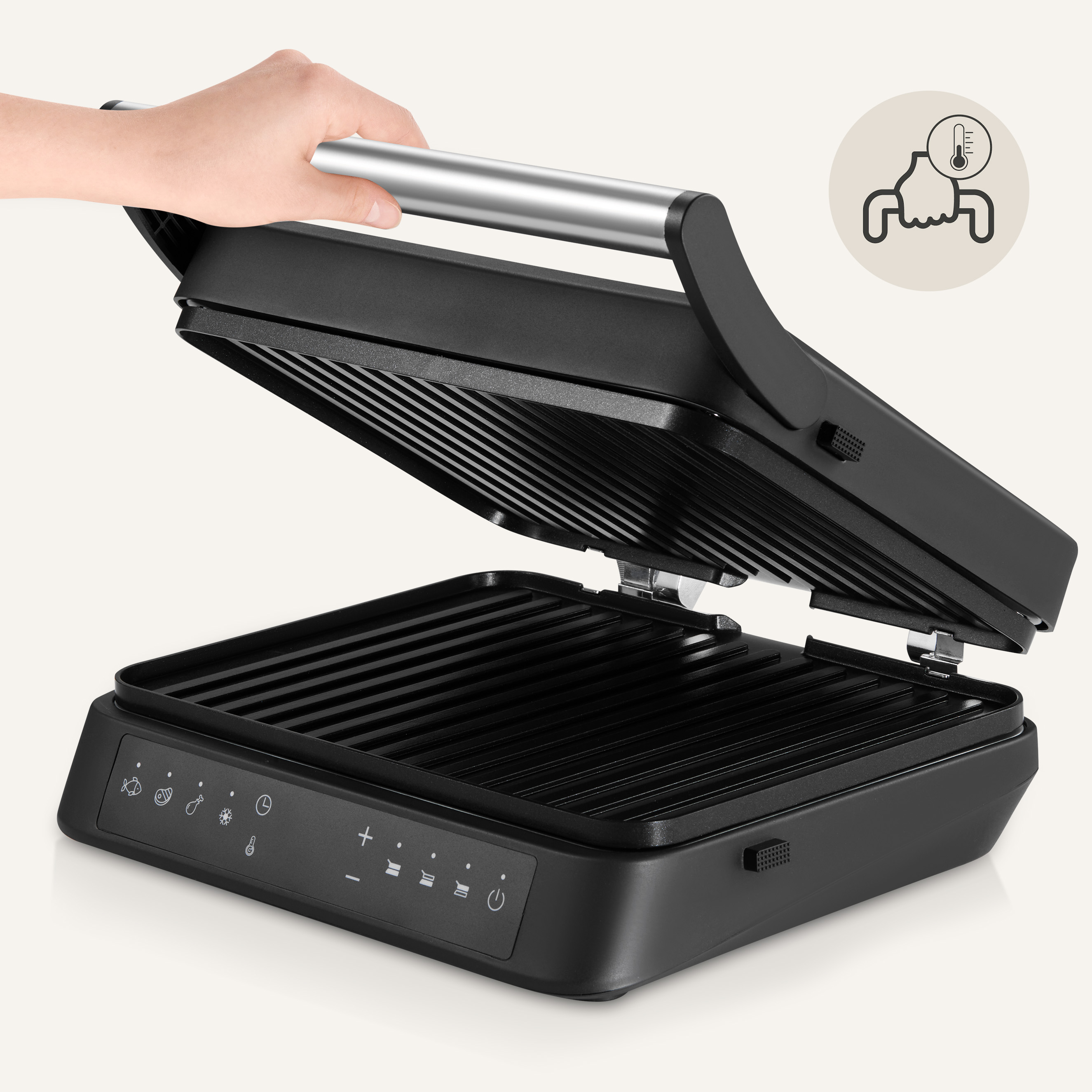 A black grill with a hand lifting the lid. A thermometer icon is visible.
