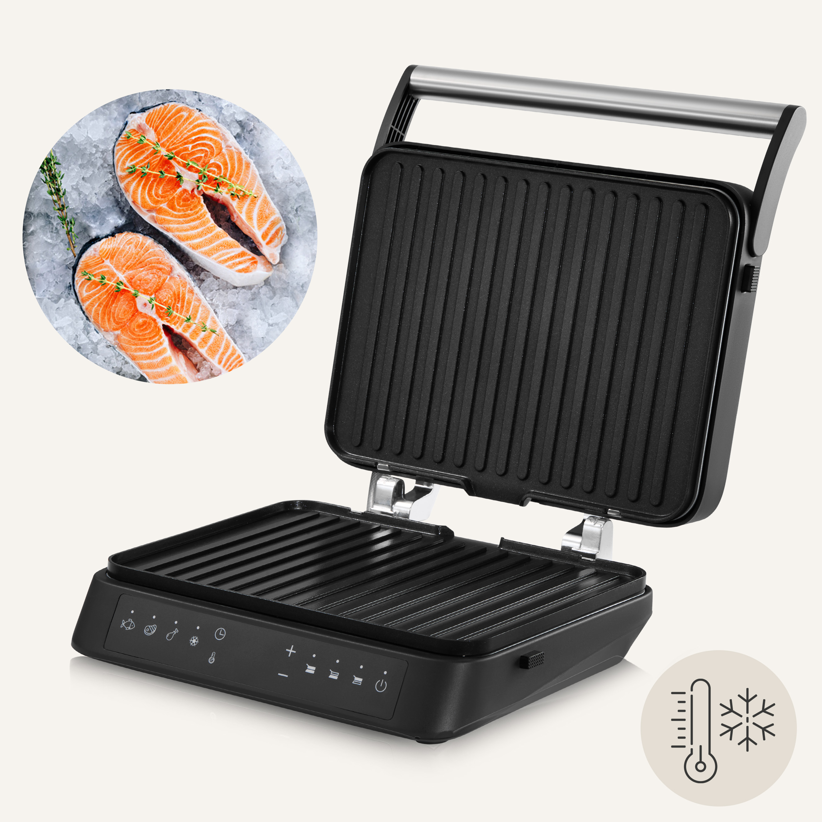 An open black grill with two salmon steaks on ice. A thermometer icon is on the right.