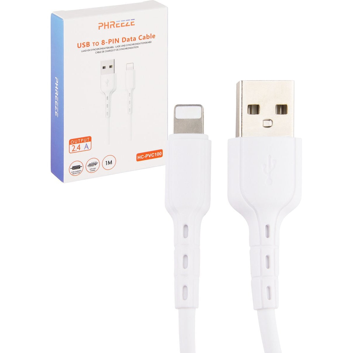 Een witte USB naar 8-pins datakabel met een witte doos. De doos toont de naam, het merk en de specificaties van de kabel.
