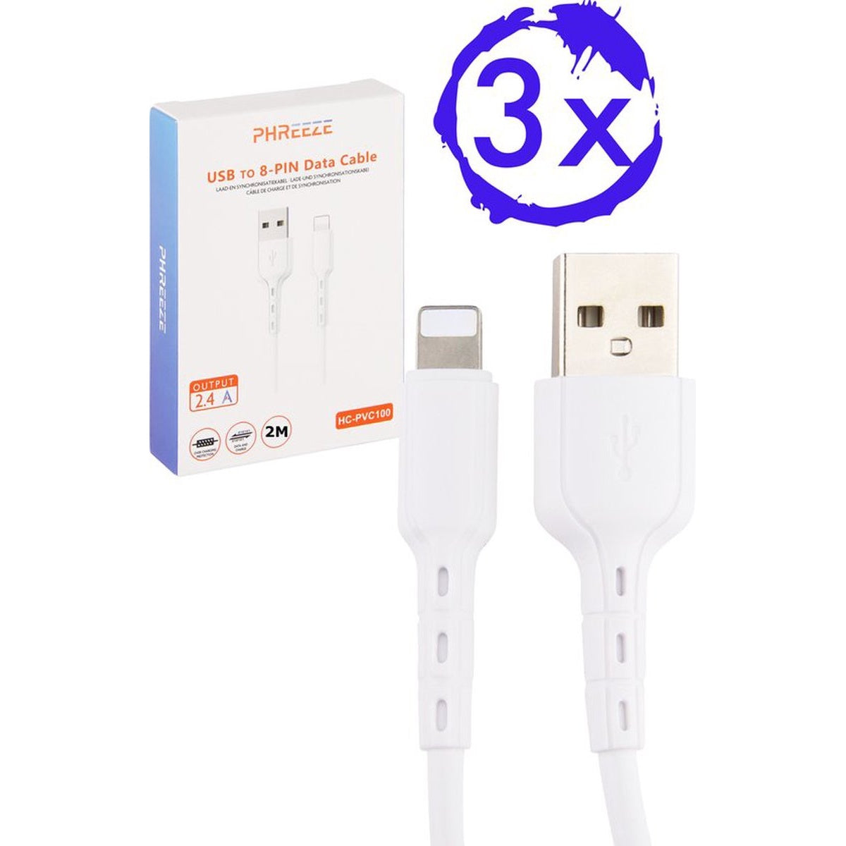 Een witte USB naar 8-pins datakabel, naast een doos. Een blauwe cirkel heeft een 3x symbool. Productlabel leest 'PHREEZE'.