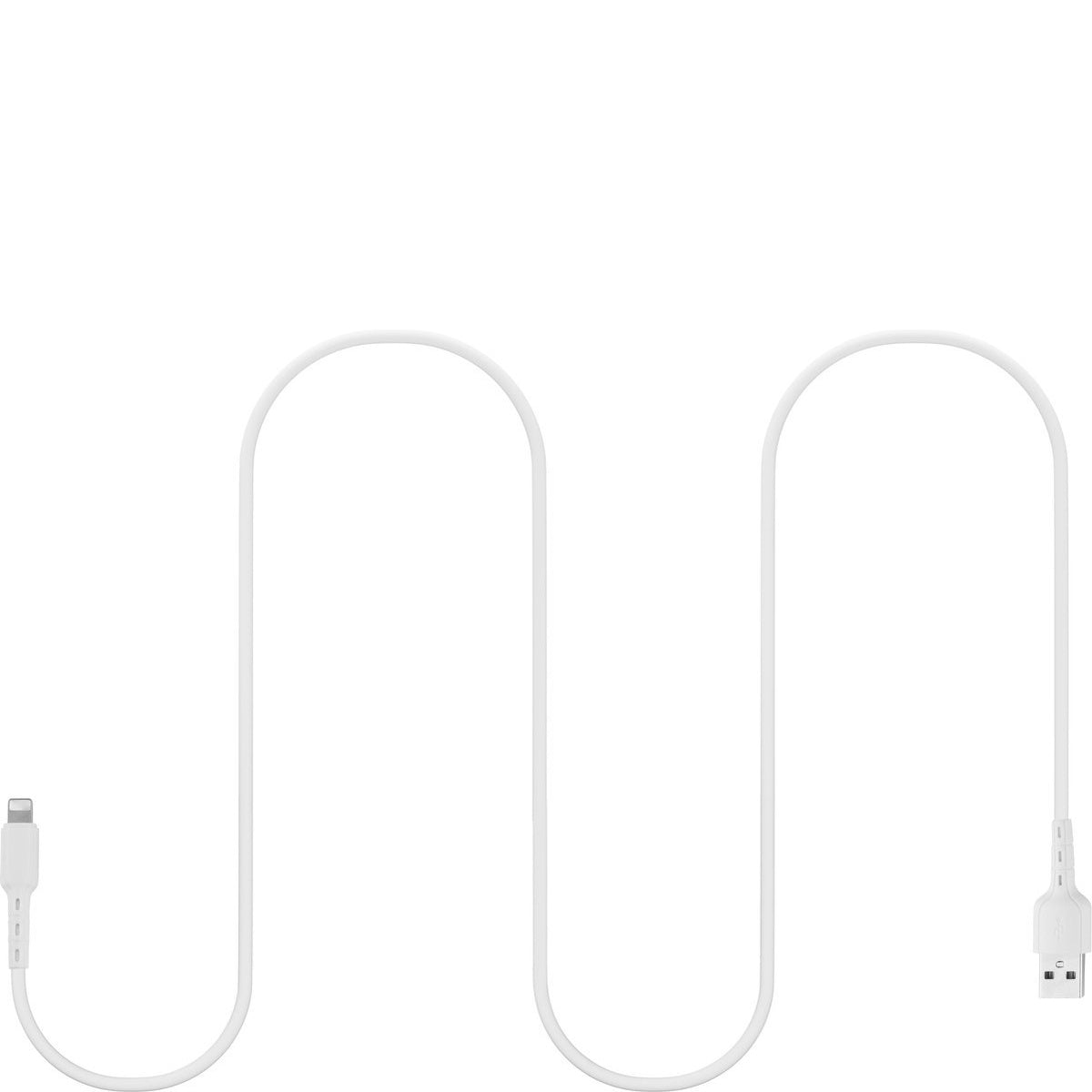 Een witte USB-oplaadkabel met een Apple-connector aan het ene uiteinde en een USB-A-connector aan het andere, tegen een witte achtergrond.