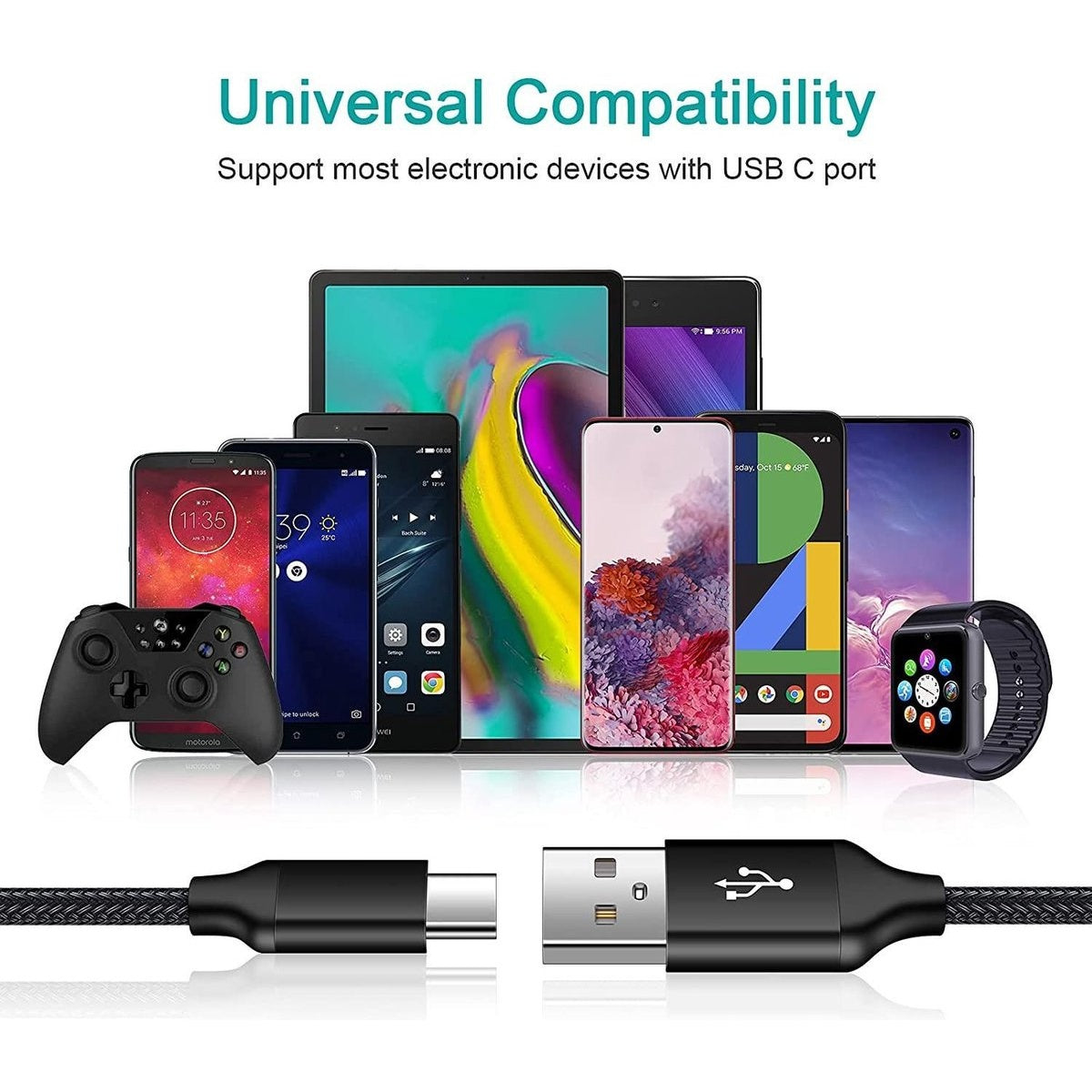 Afbeelding toont verschillende elektronische apparaten (telefoons, tablets, smartwatch) en een gamecontroller, met een USB-kabel op de voorgrond.