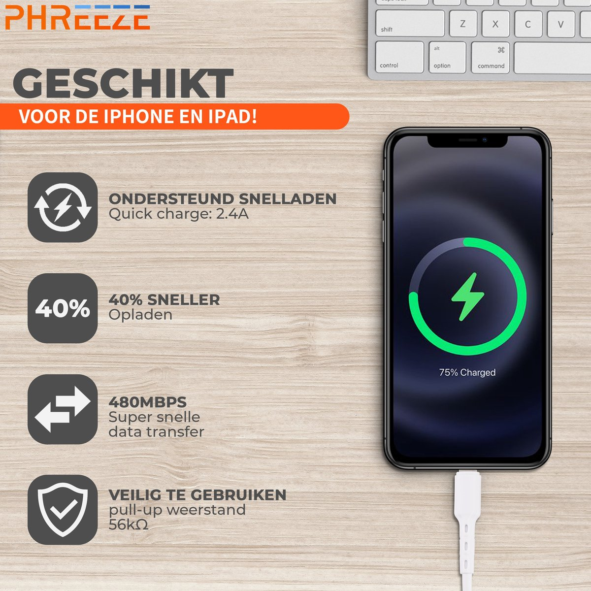 Een iPhone die oplaadt op een houten oppervlak. Het scherm toont 75% opgeladen. De tekst benadrukt snel opladen, gegevensoverdracht en veilig gebruik.