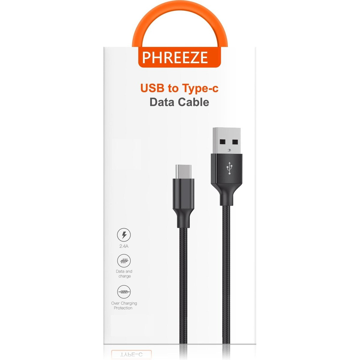 Een USB naar Type-C datakabel wordt weergegeven. De verpakking toont het merk "PHREEZE" en bevat pictogrammen voor opladen en gegevensoverdracht.