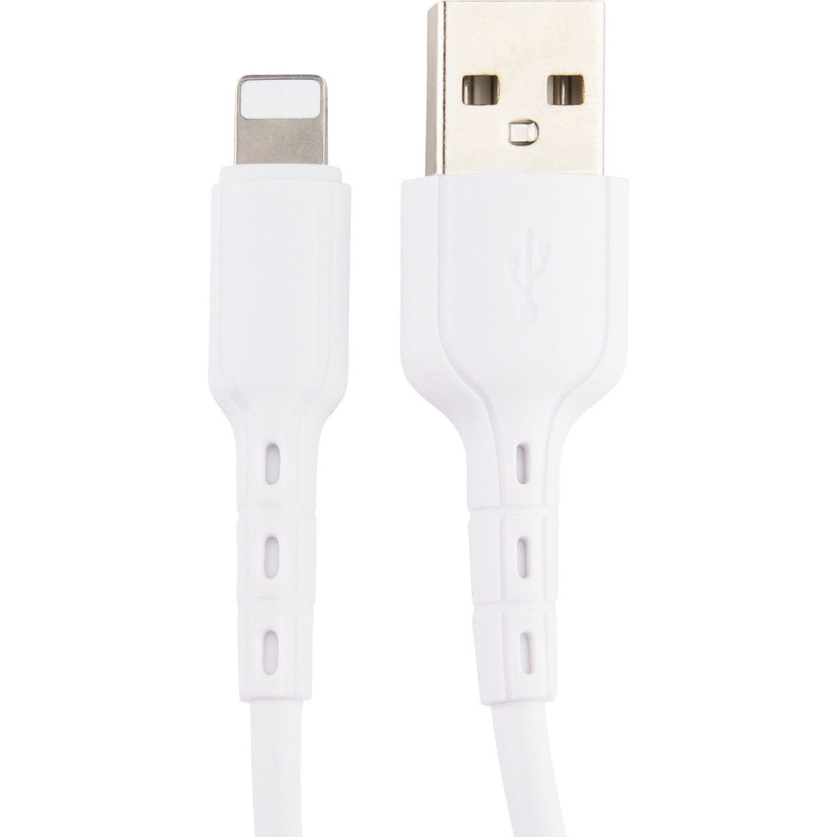 Witte USB-oplaadkabel met een Lightning-connector links en een USB-A-connector rechts, tegen een witte achtergrond.