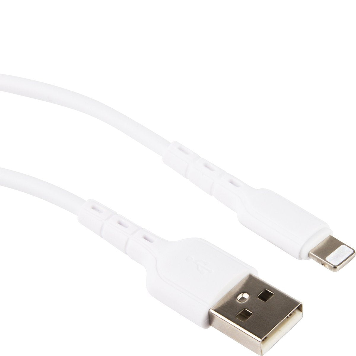 Een witte USB naar Lightning kabel, schuin over het frame. De USB-kant zit onderaan, de Lightning-kant rechtsboven.