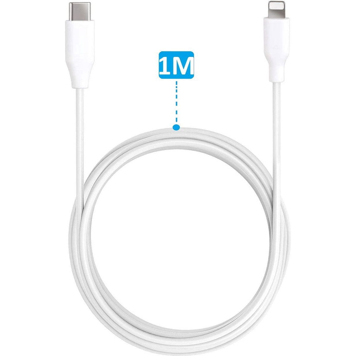 Een witte oplaadkabel met USB-C- en Lightning-connectoren. De kabel is opgerold. Een blauw label zegt '1M'.