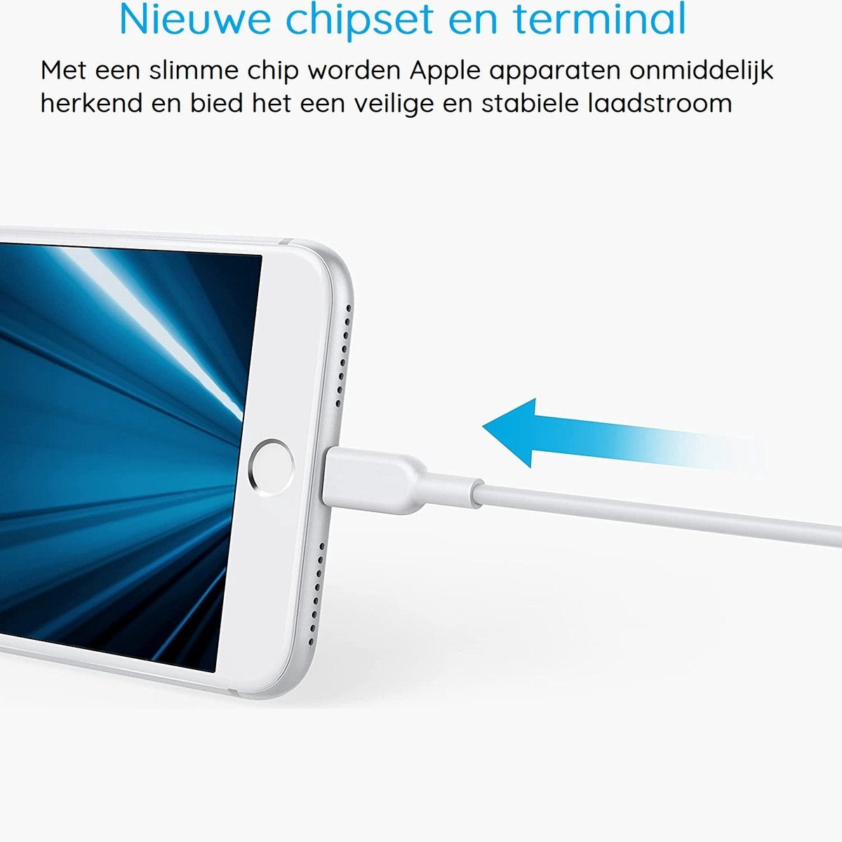 Een witte telefoon is verbonden met een witte oplaadkabel. Een blauwe pijl wijst naar de telefoon. Bovenstaande tekst zegt 'Nieuwe chipset en terminal'.